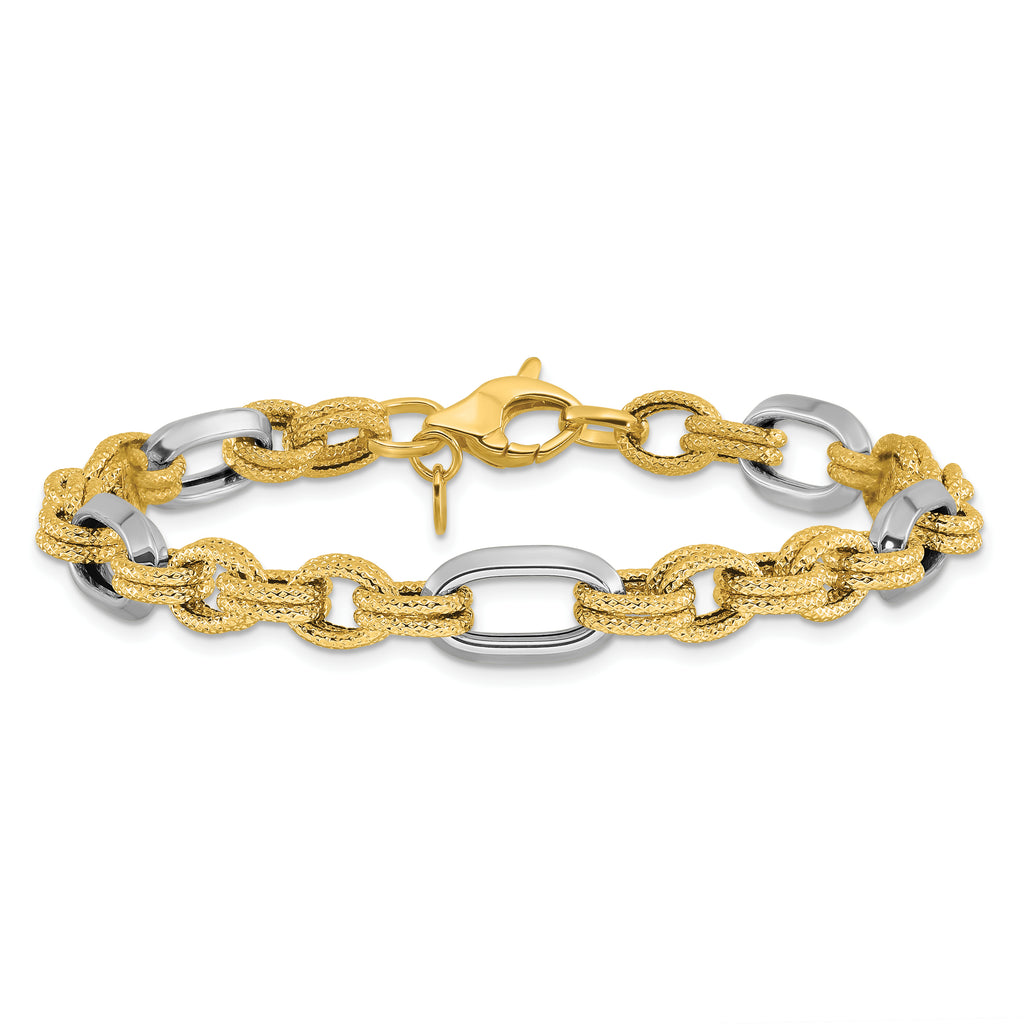 14K Two-tone Polished and Textured Fancy Link Bracelet