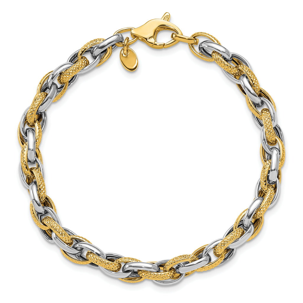 14K Two-tone Polished and Textured Fancy Link Bracelet