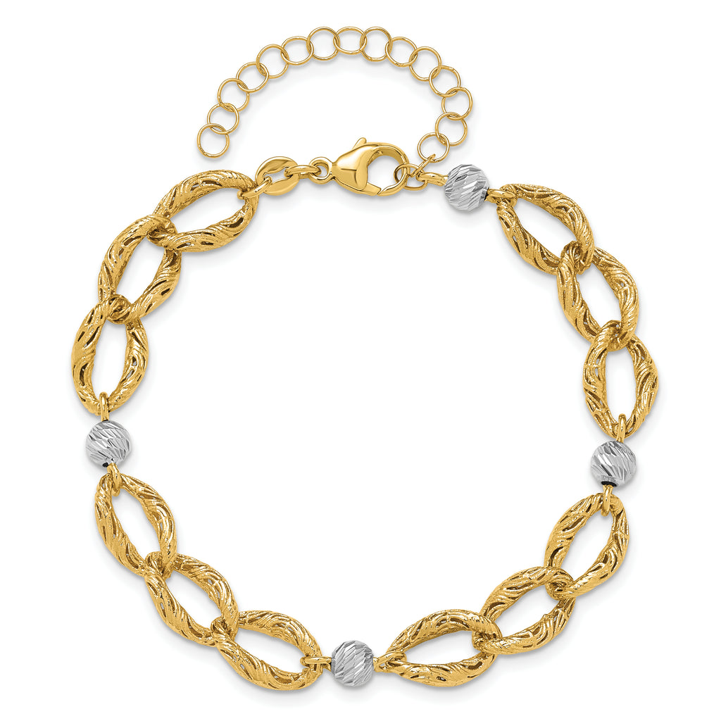14K Two-tone Polished/Textured/Dia-cut w/2in ext. Bracelet