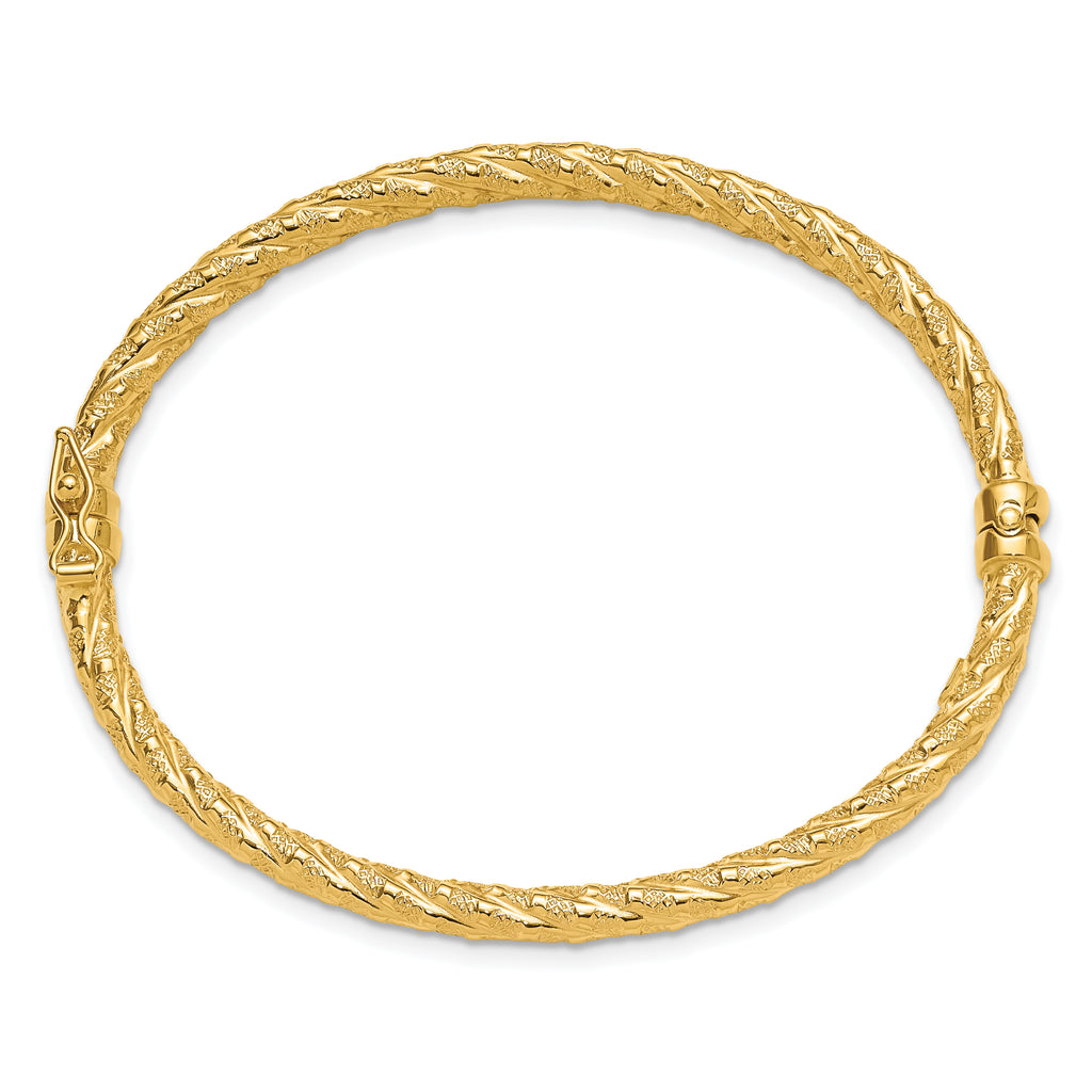 14k Polished and Textured Twisted Hinged Bangle