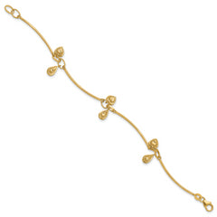 14K Polished and Diamond-cut Heart Charm Bracelet
