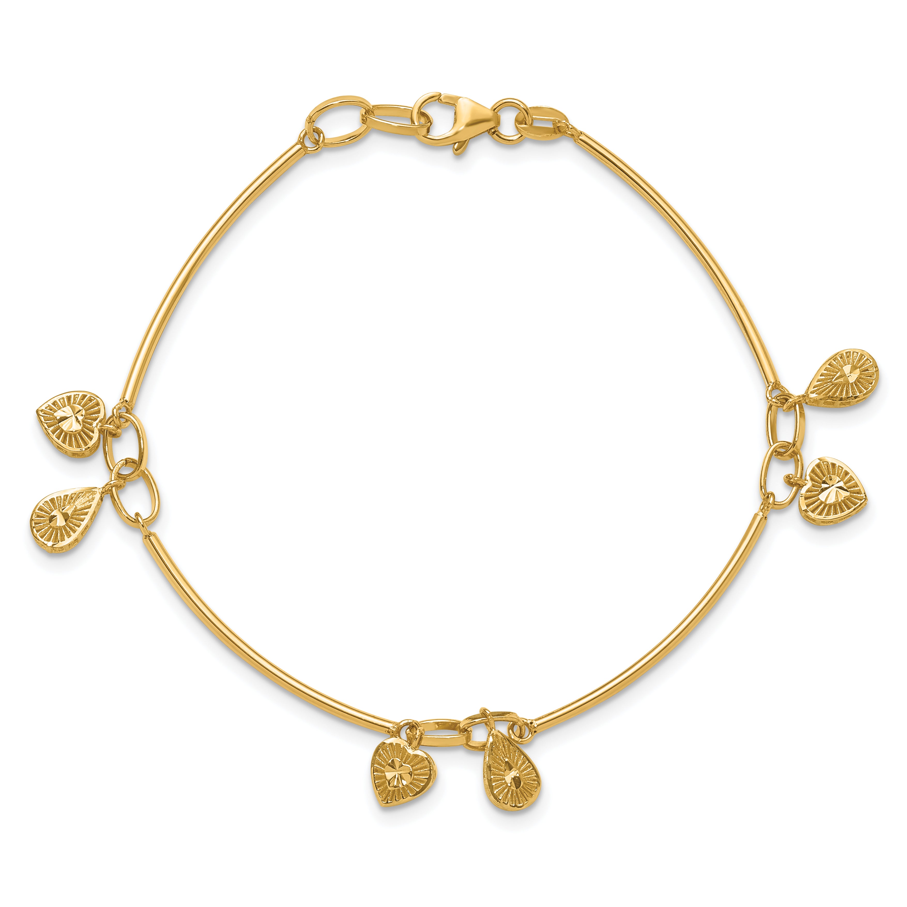 14K Polished and Diamond-cut Heart Charm Bracelet