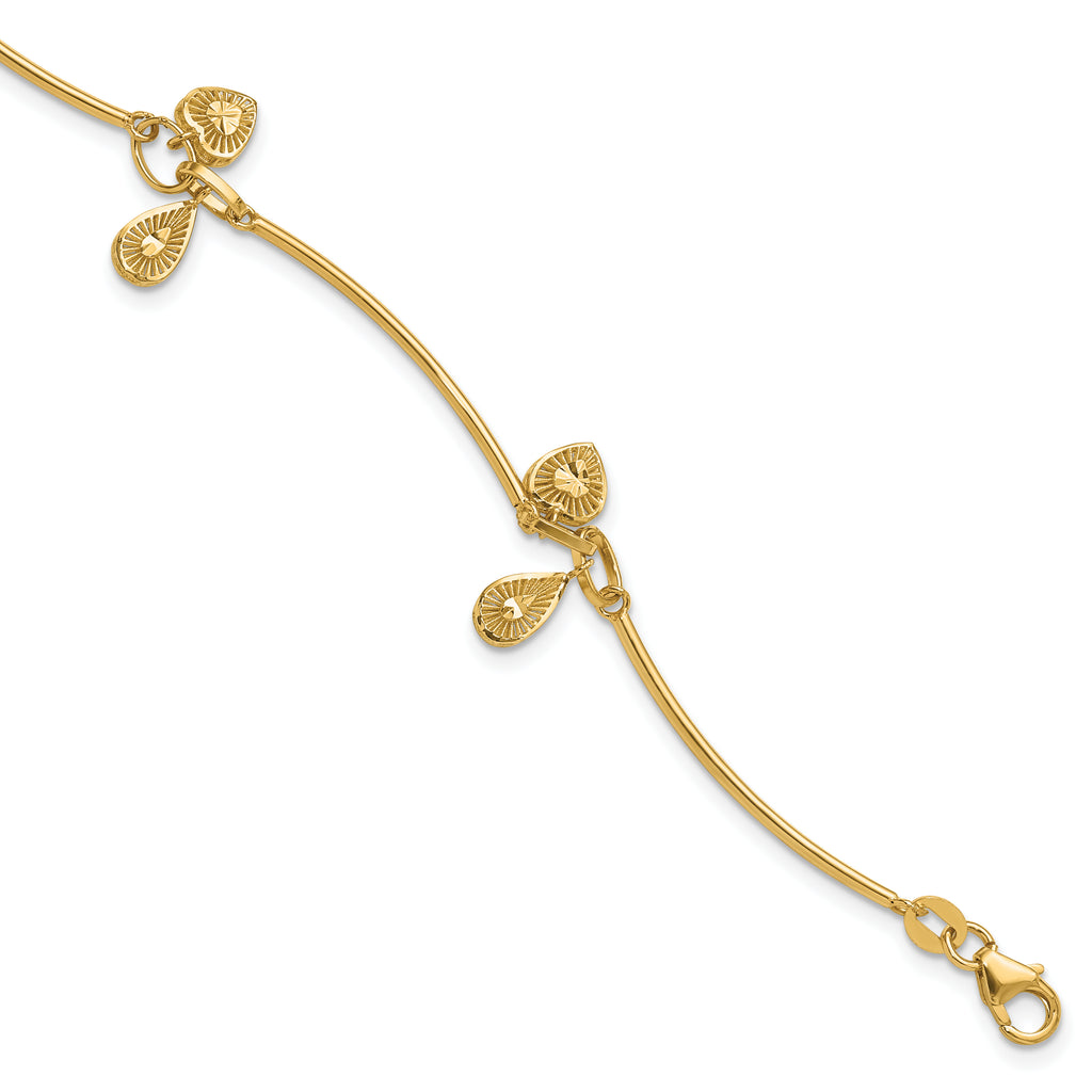 14K Polished and Diamond-cut Heart Charm Bracelet