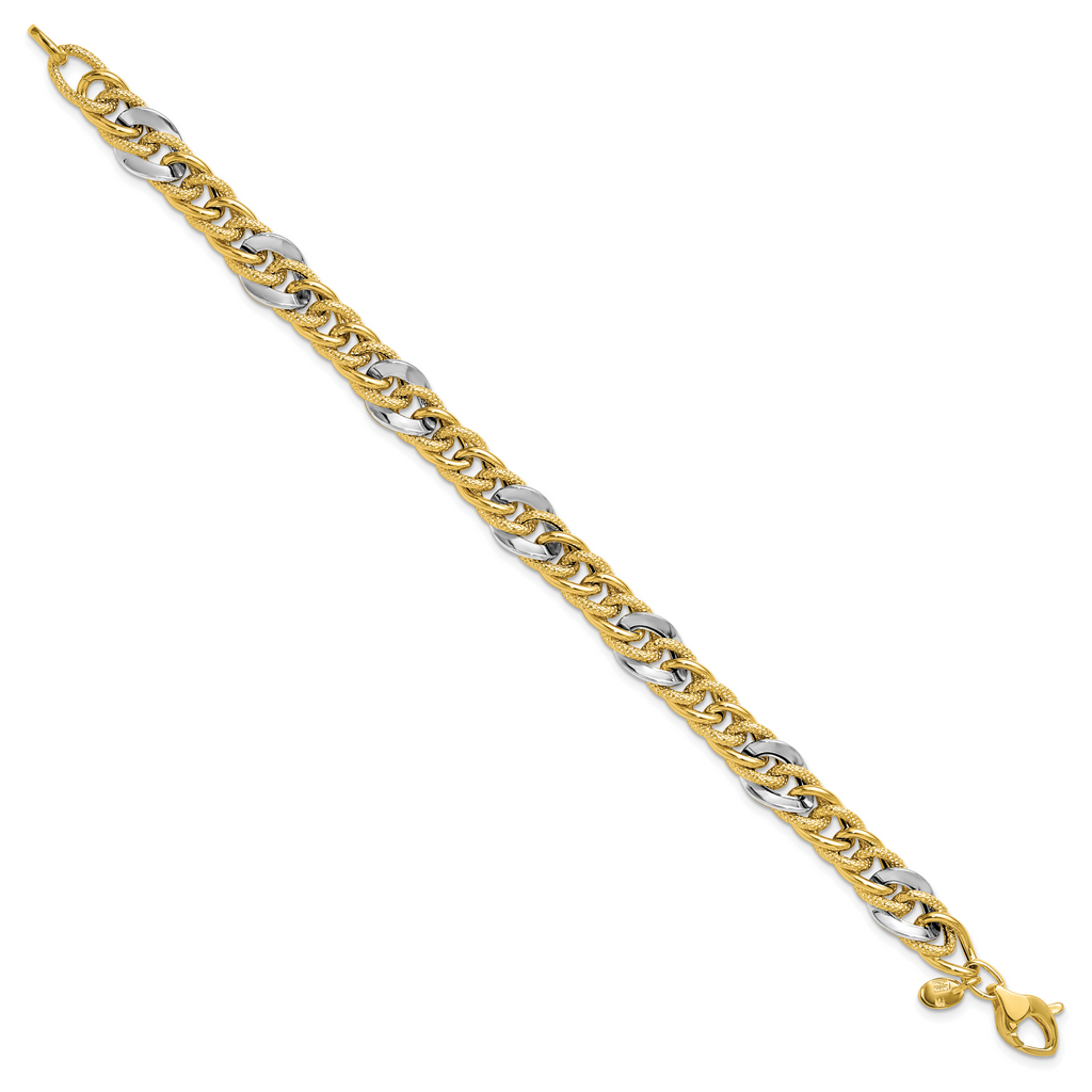 14K Two-tone Polished and Textured Fancy Link Bracelet