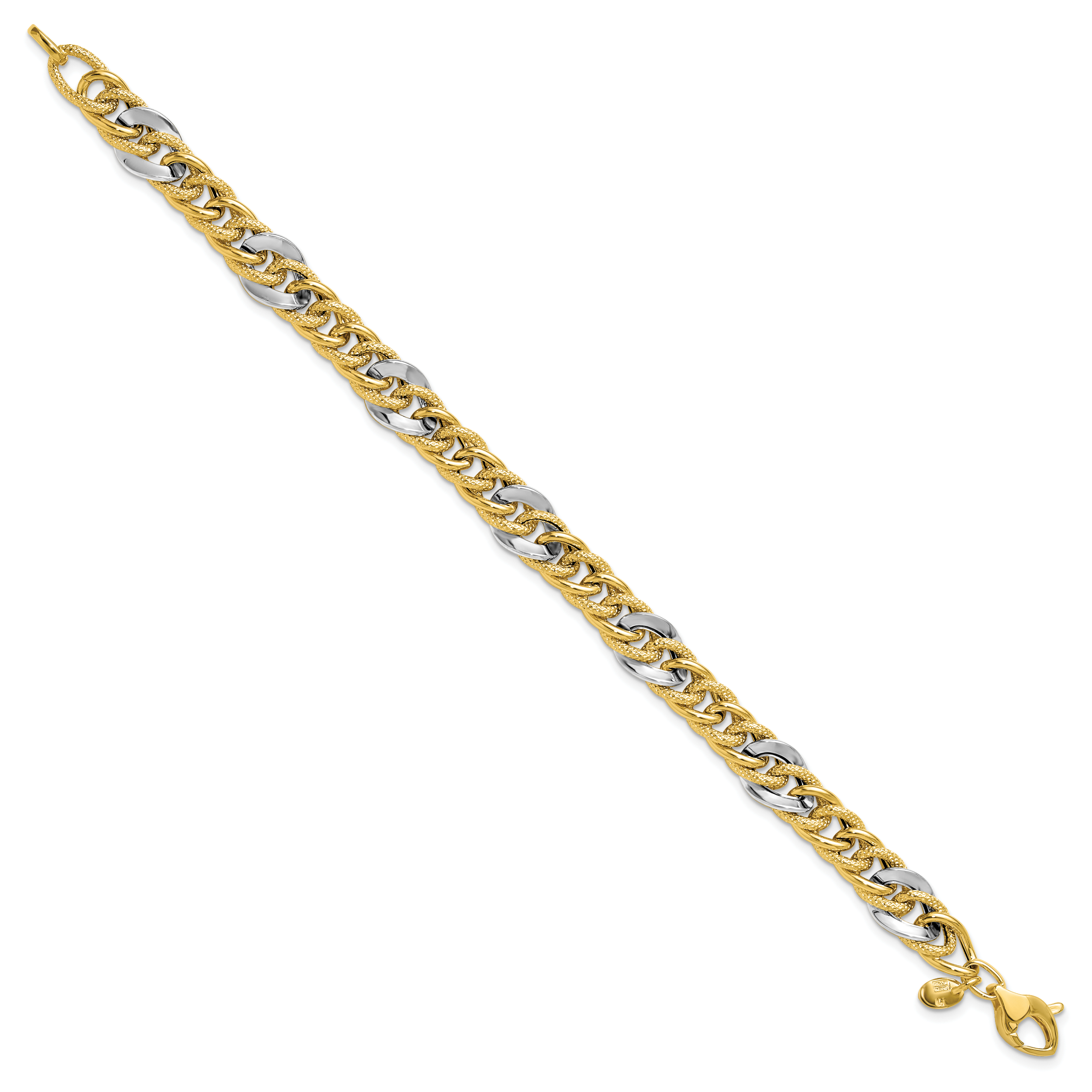 14K Two-tone Polished and Textured Fancy Link Bracelet