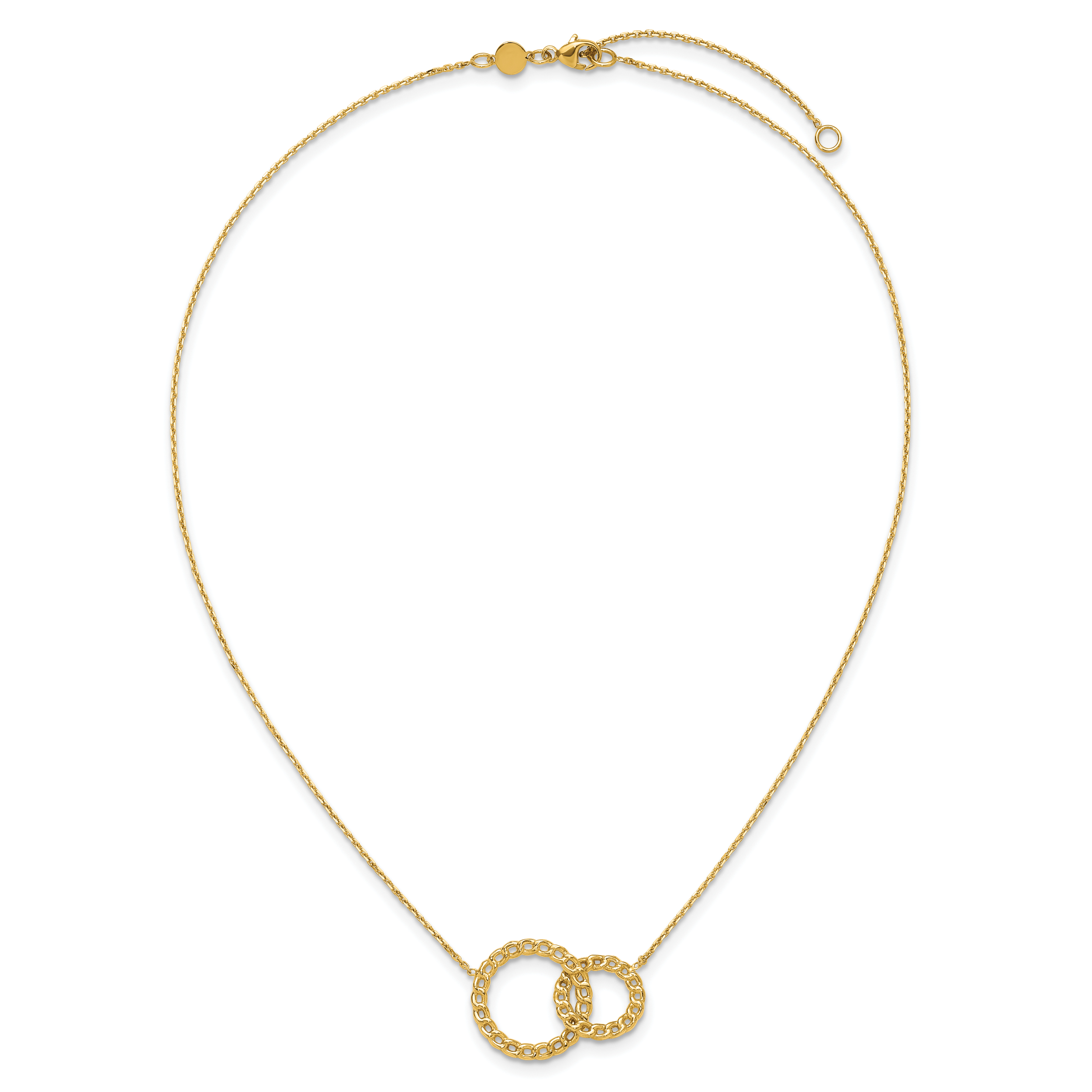 14K Polished/Diamond-cut 2 Circles w/2in ext. Necklace