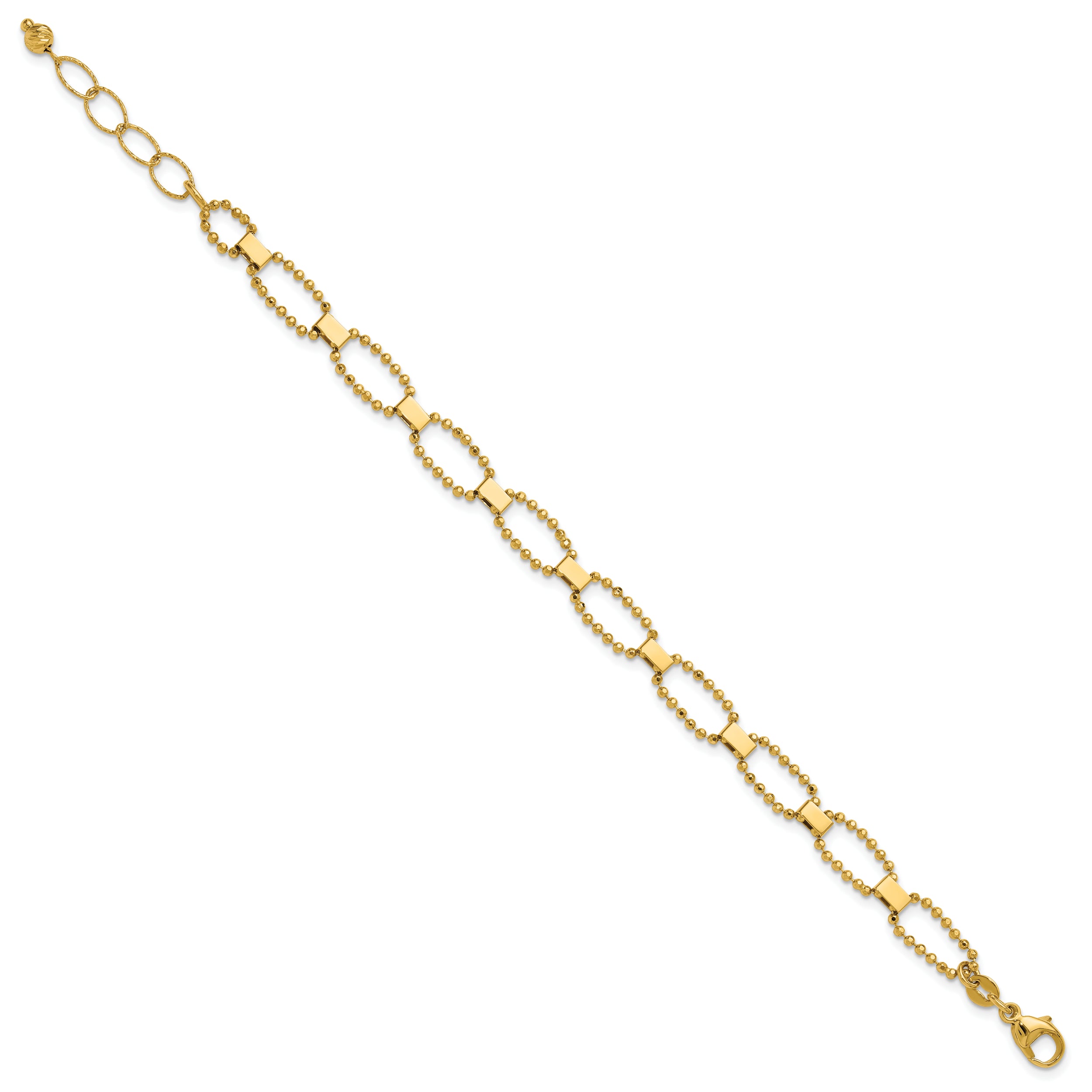 14K Polished / Dia-cut Fancy Beaded Link w/ 1in ext. Bracelet