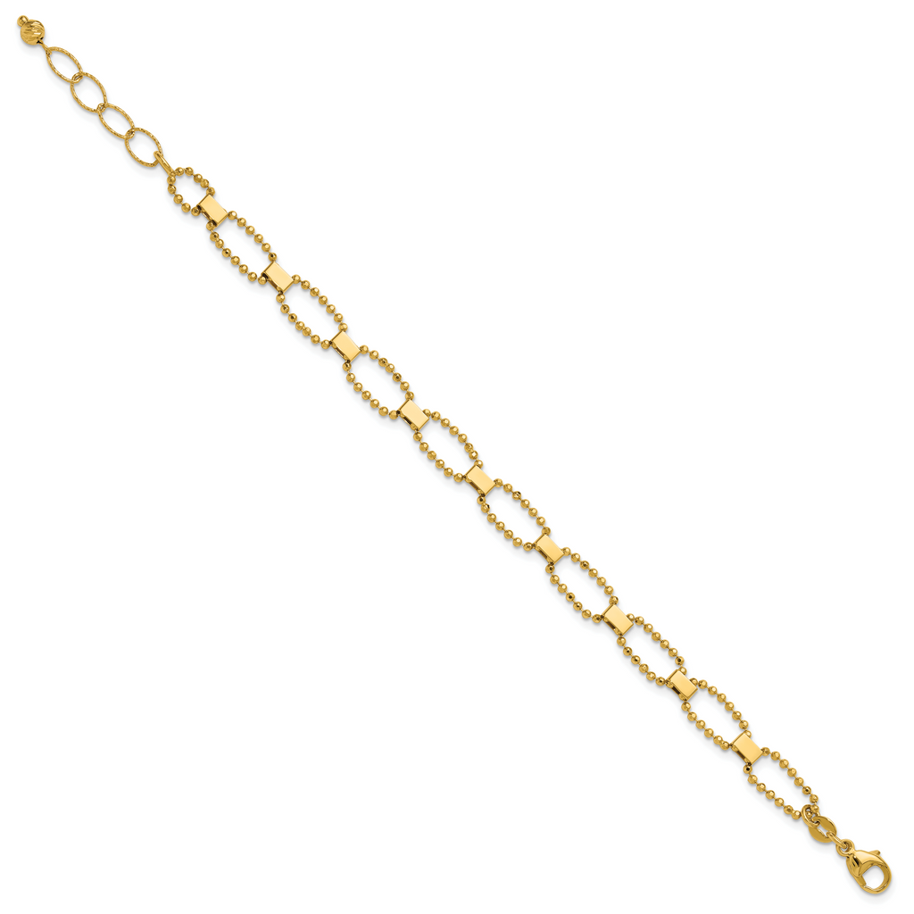 14K Polished / Dia-cut Fancy Beaded Link w/ 1in ext. Bracelet