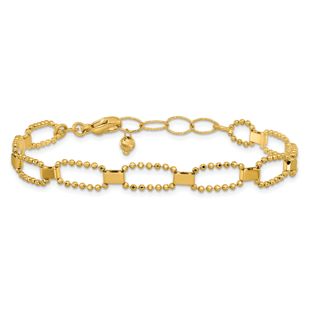 14K Polished / Dia-cut Fancy Beaded Link w/ 1in ext. Bracelet