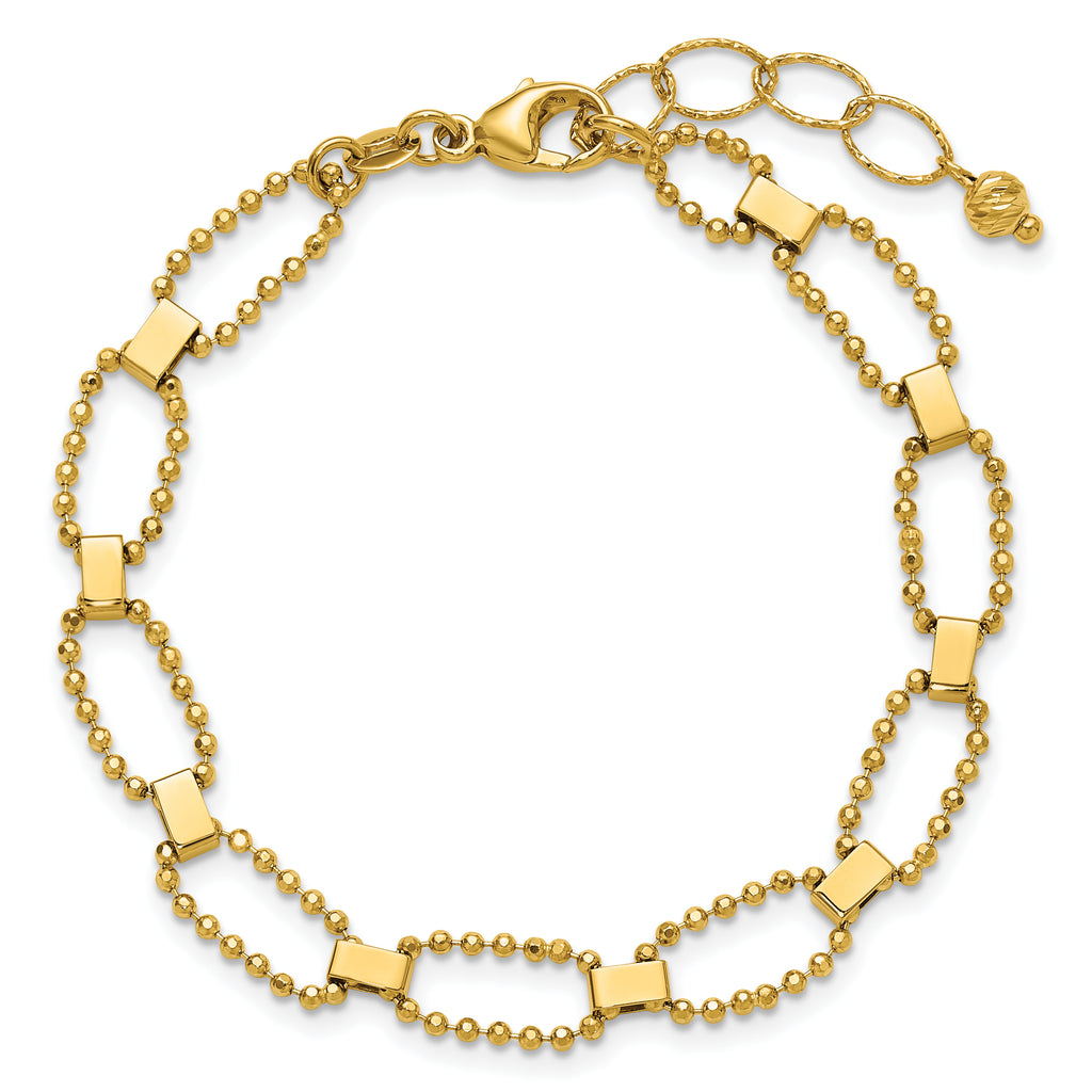 14K Polished / Dia-cut Fancy Beaded Link w/ 1in ext. Bracelet