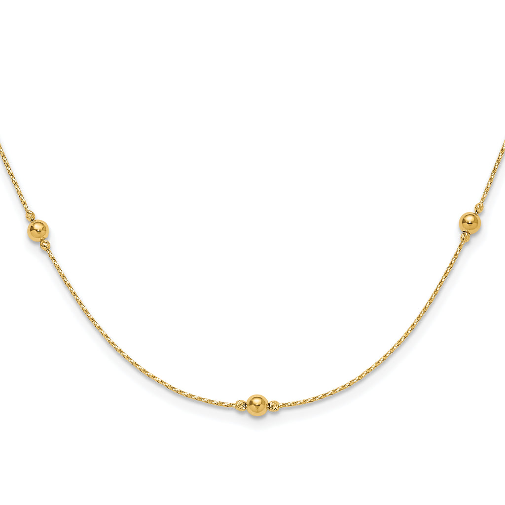 14K Polished/Textured/Dia-cut Beads w/ 2in ext. Necklace