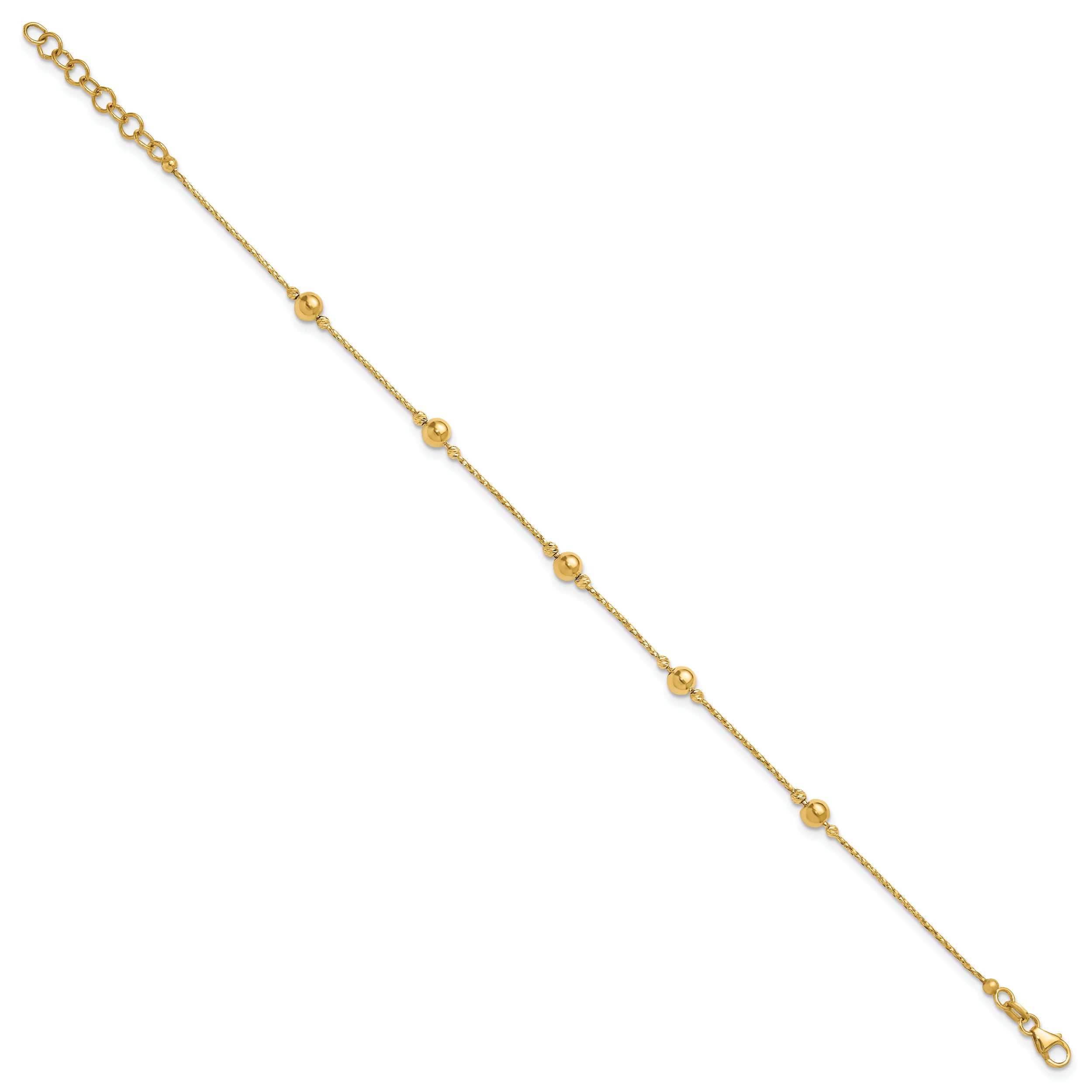 14K Polished/Textured/Dia-cut Beads w/1in ext. Bracelet