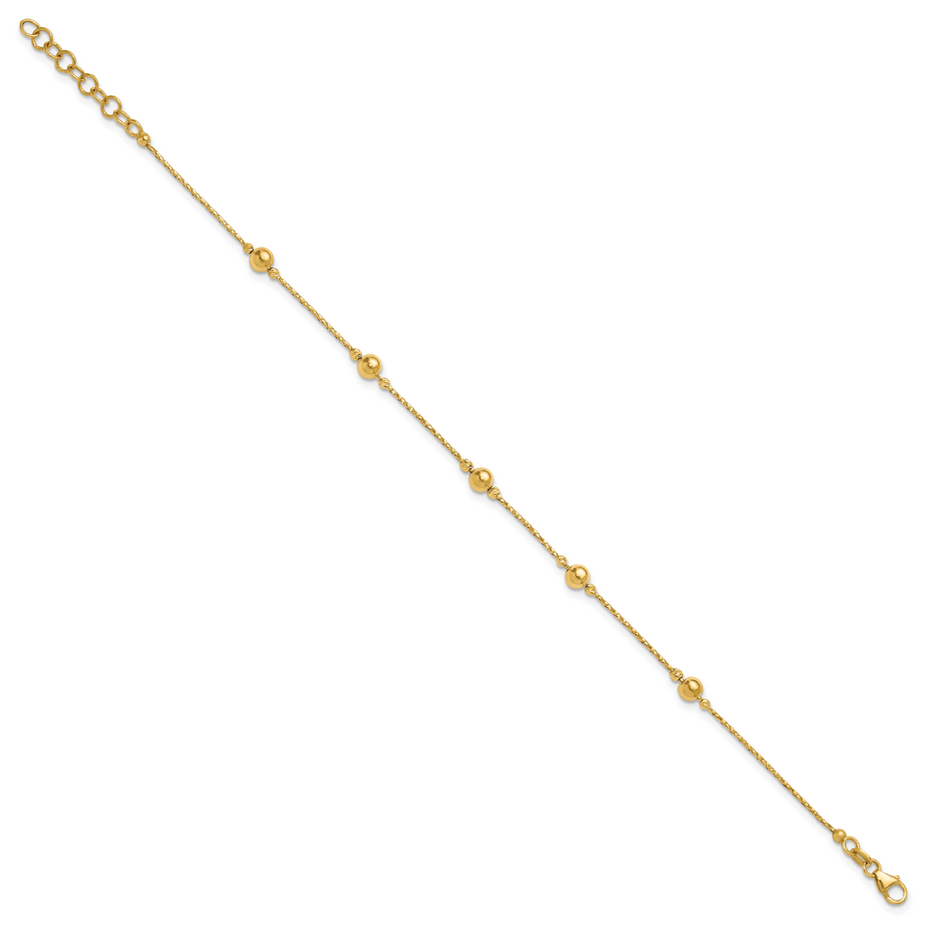 14K Polished/Textured/Dia-cut Beads w/1in ext. Bracelet
