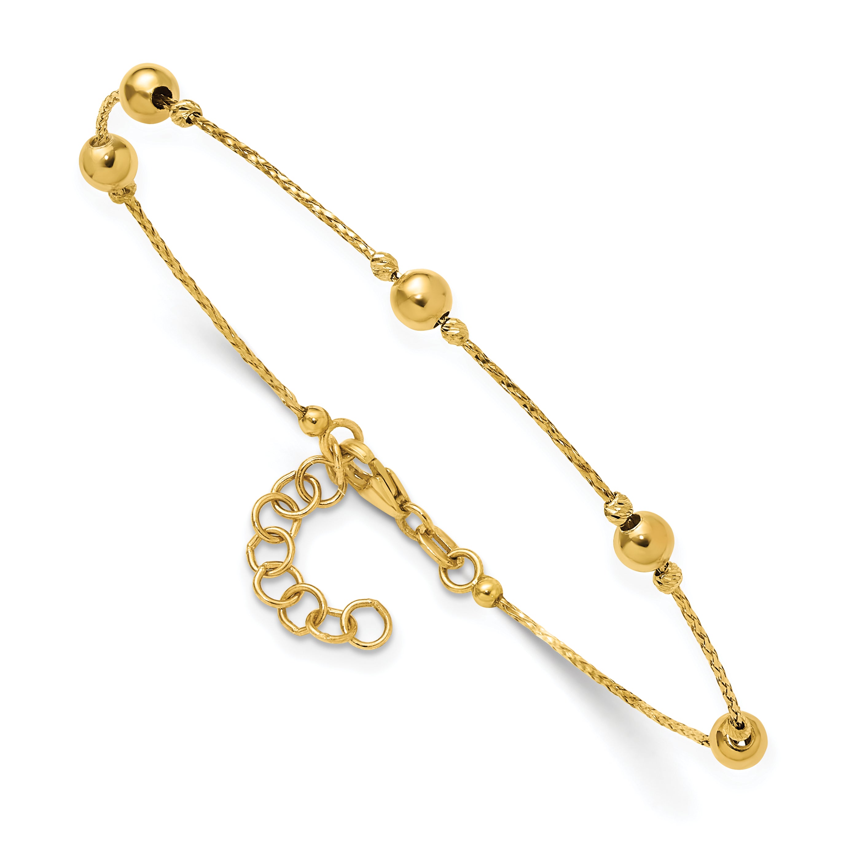 14K Polished/Textured/Dia-cut Beads w/1in ext. Bracelet