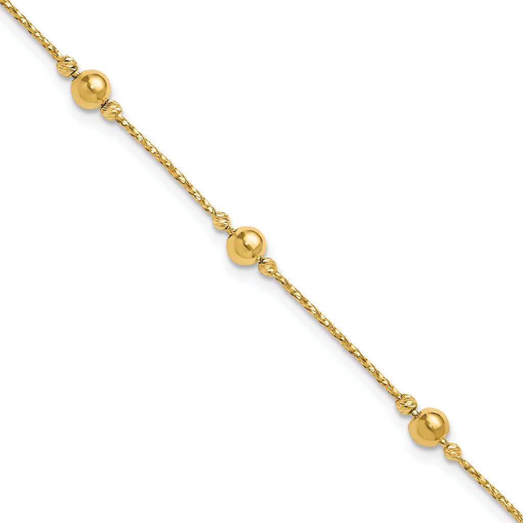 14K Polished/Textured/Dia-cut Beads w/1in ext. Bracelet