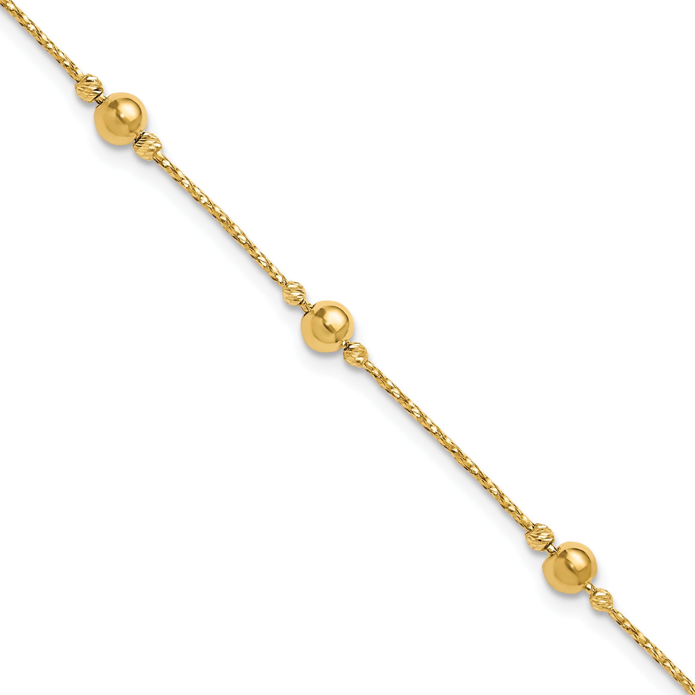 14K Polished/Textured/Dia-cut Beads w/1in ext. Bracelet