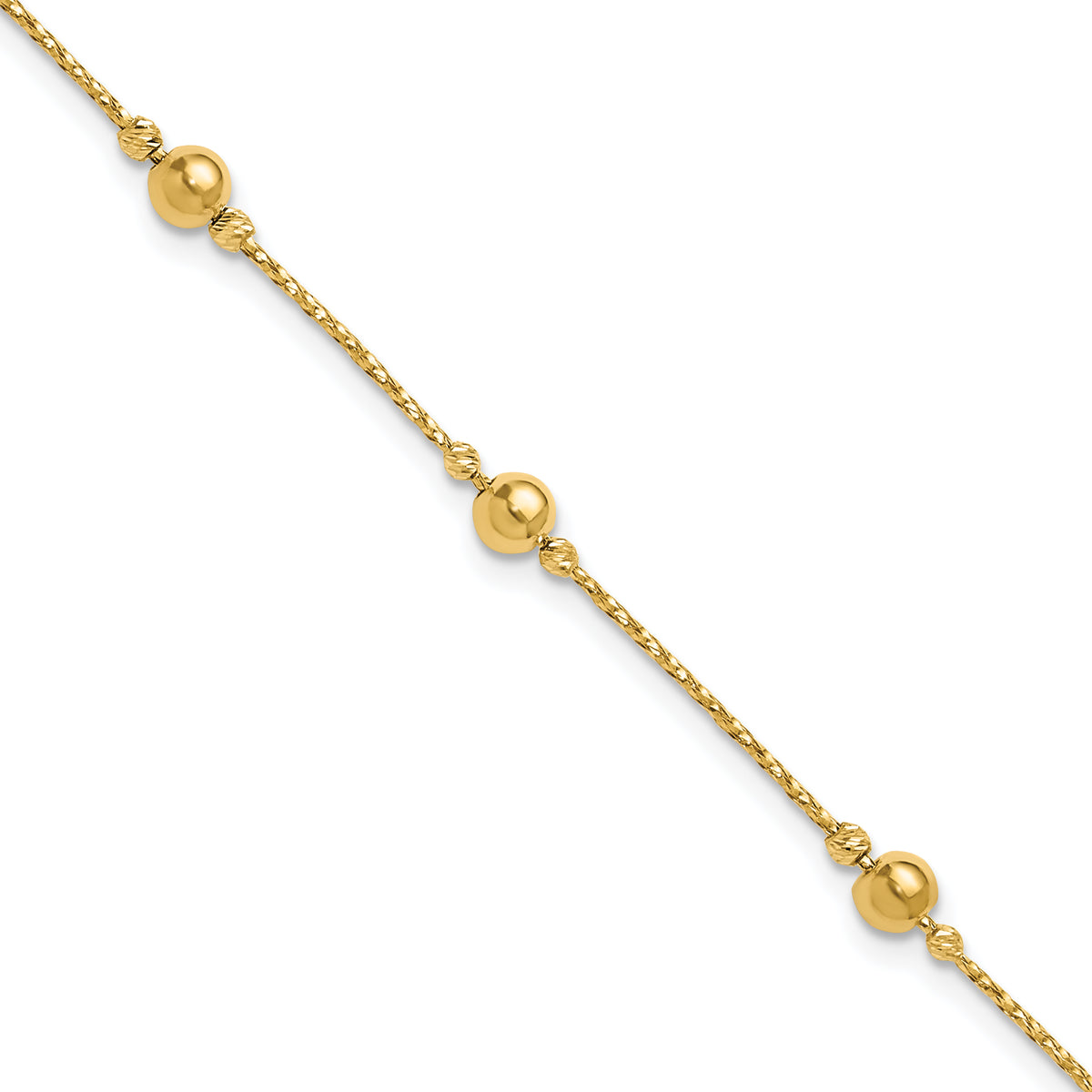 14K Polished/Textured/Dia-cut Beads w/1in ext. Bracelet