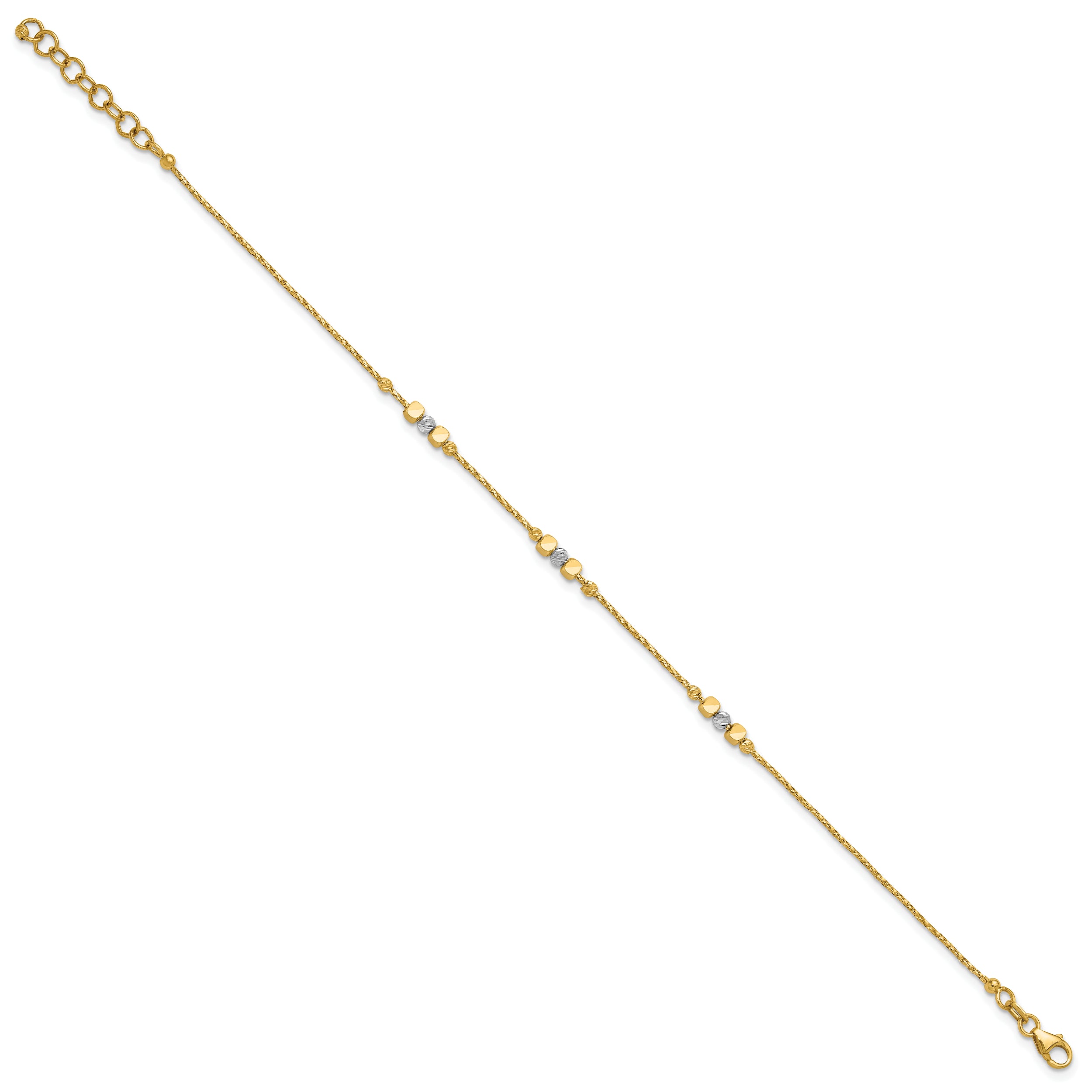 14K Two-tone Pol/Texture/Dia-cut Beads w/1in ext. Bracelet