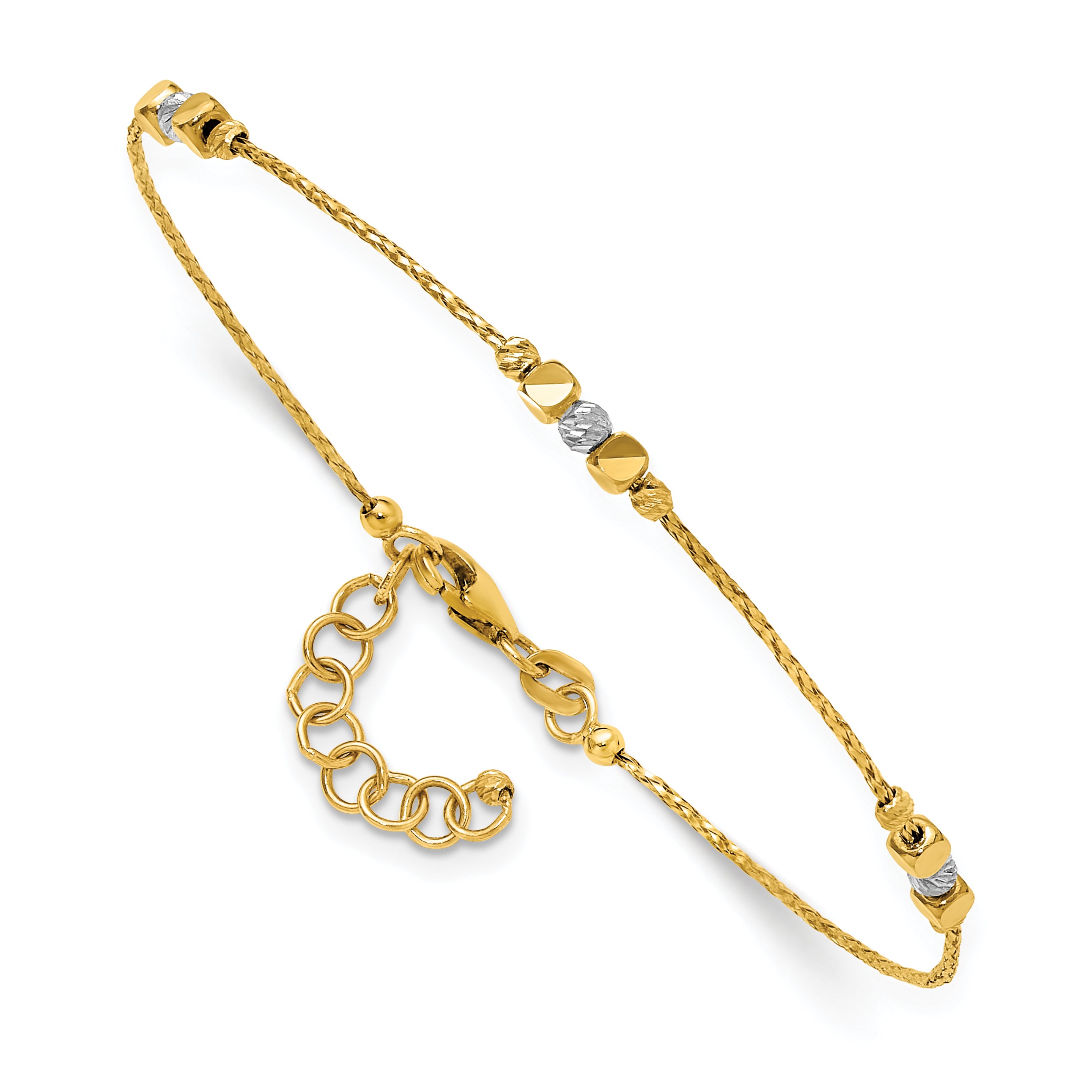 14K Two-tone Pol/Texture/Dia-cut Beads w/1in ext. Bracelet