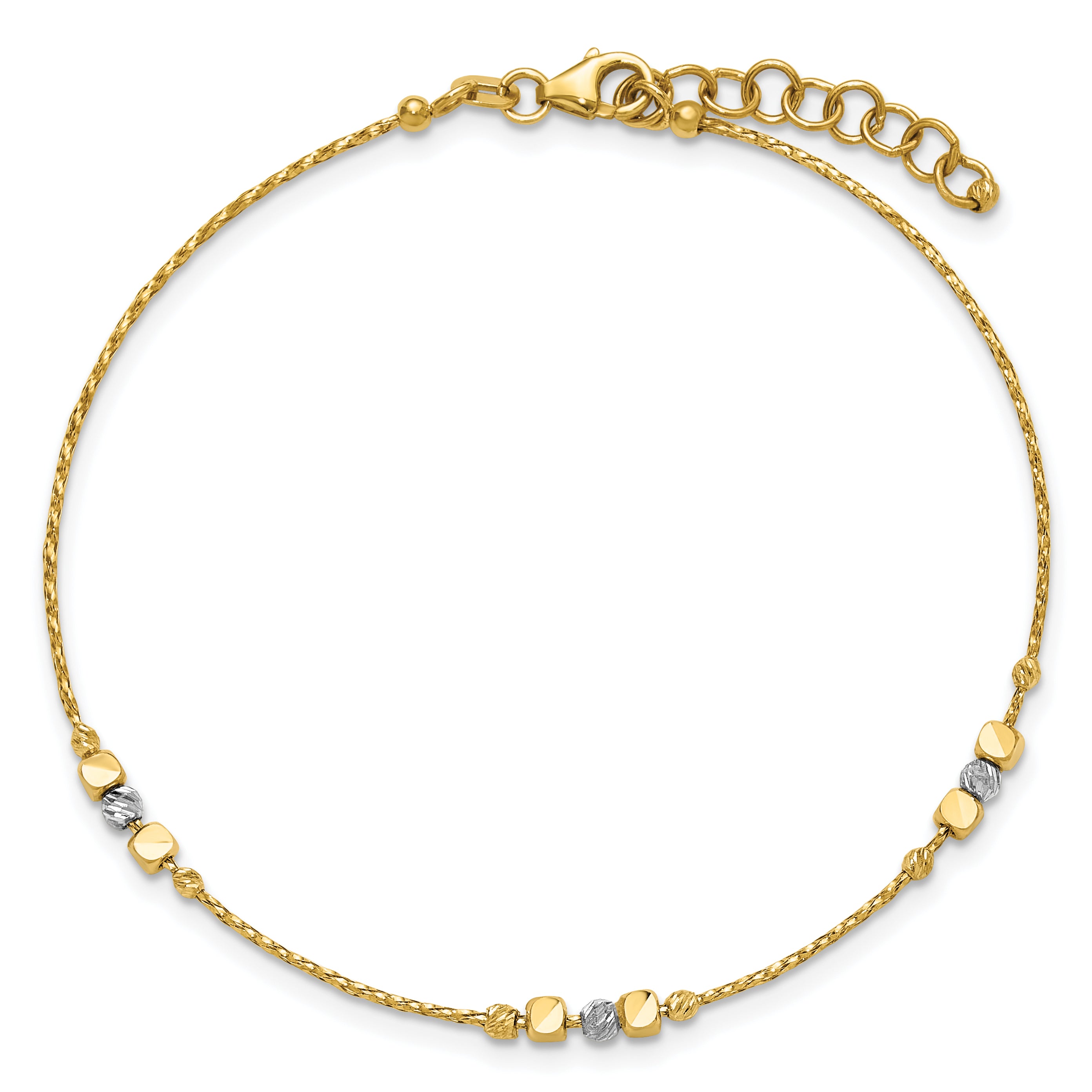 14K Two-tone Pol/Texture/Dia-cut Beads w/1in ext. Bracelet
