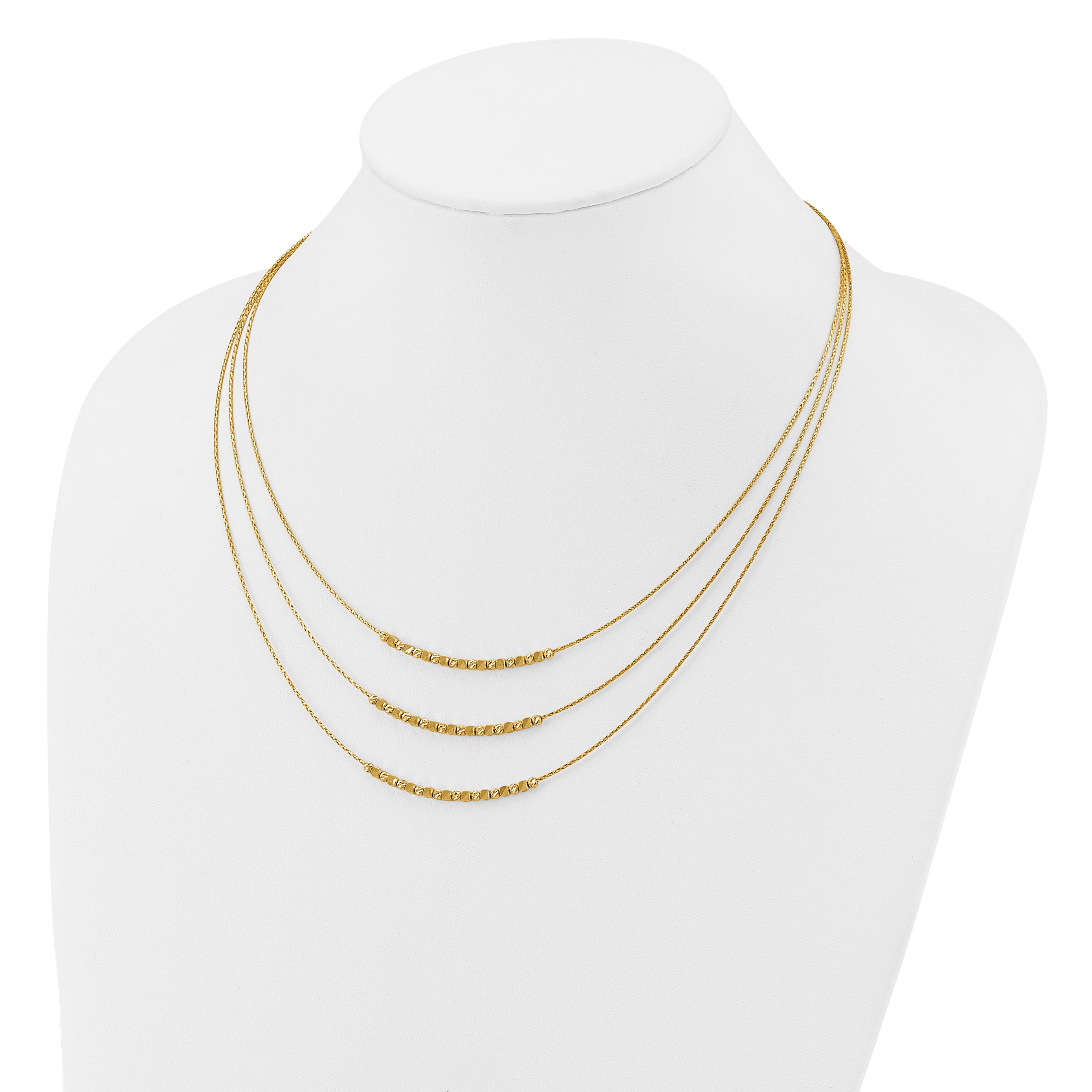 14K Pol/Texture/Dia-cut Beads 3-strand w/ 2in ext. Necklace