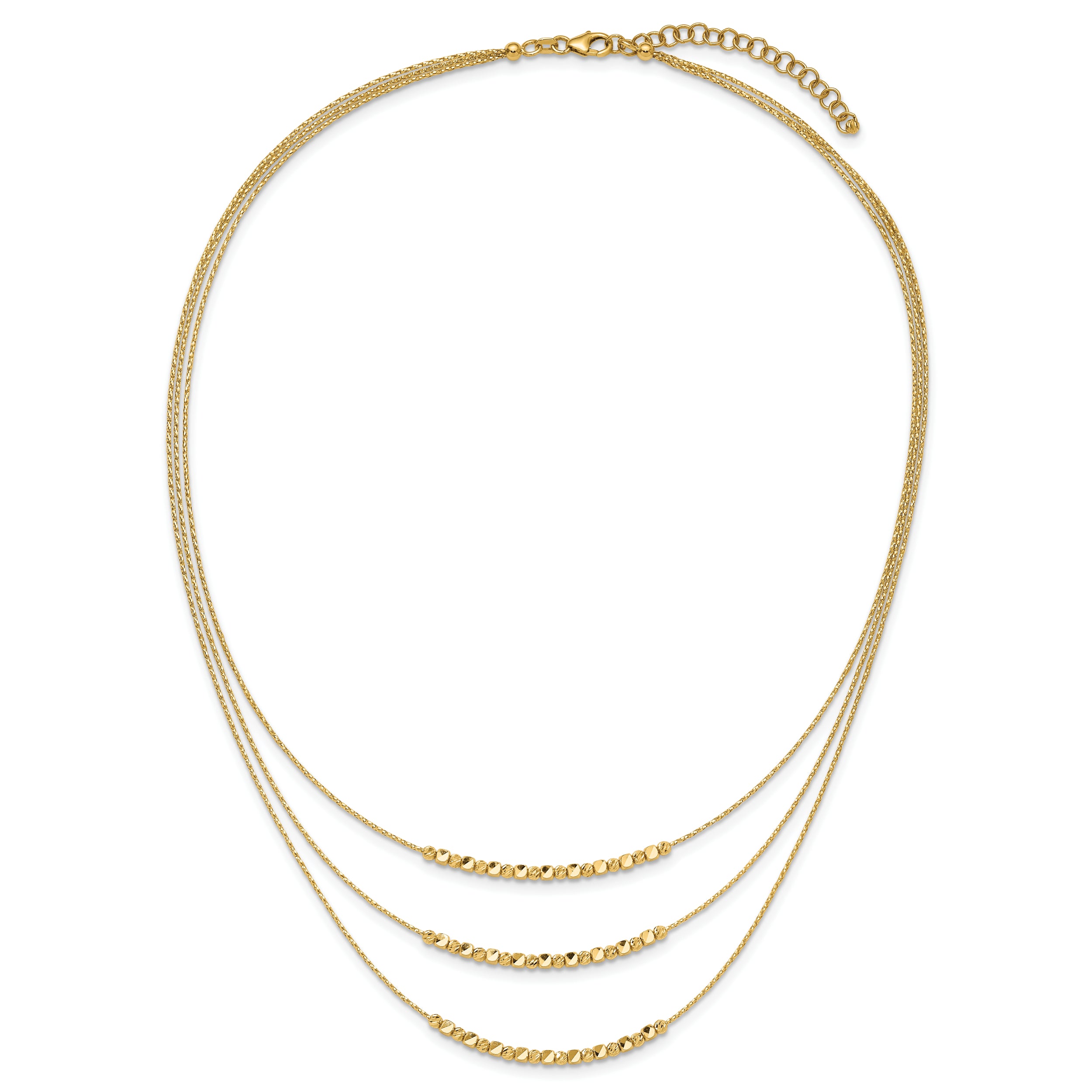 14K Pol/Texture/Dia-cut Beads 3-strand w/ 2in ext. Necklace