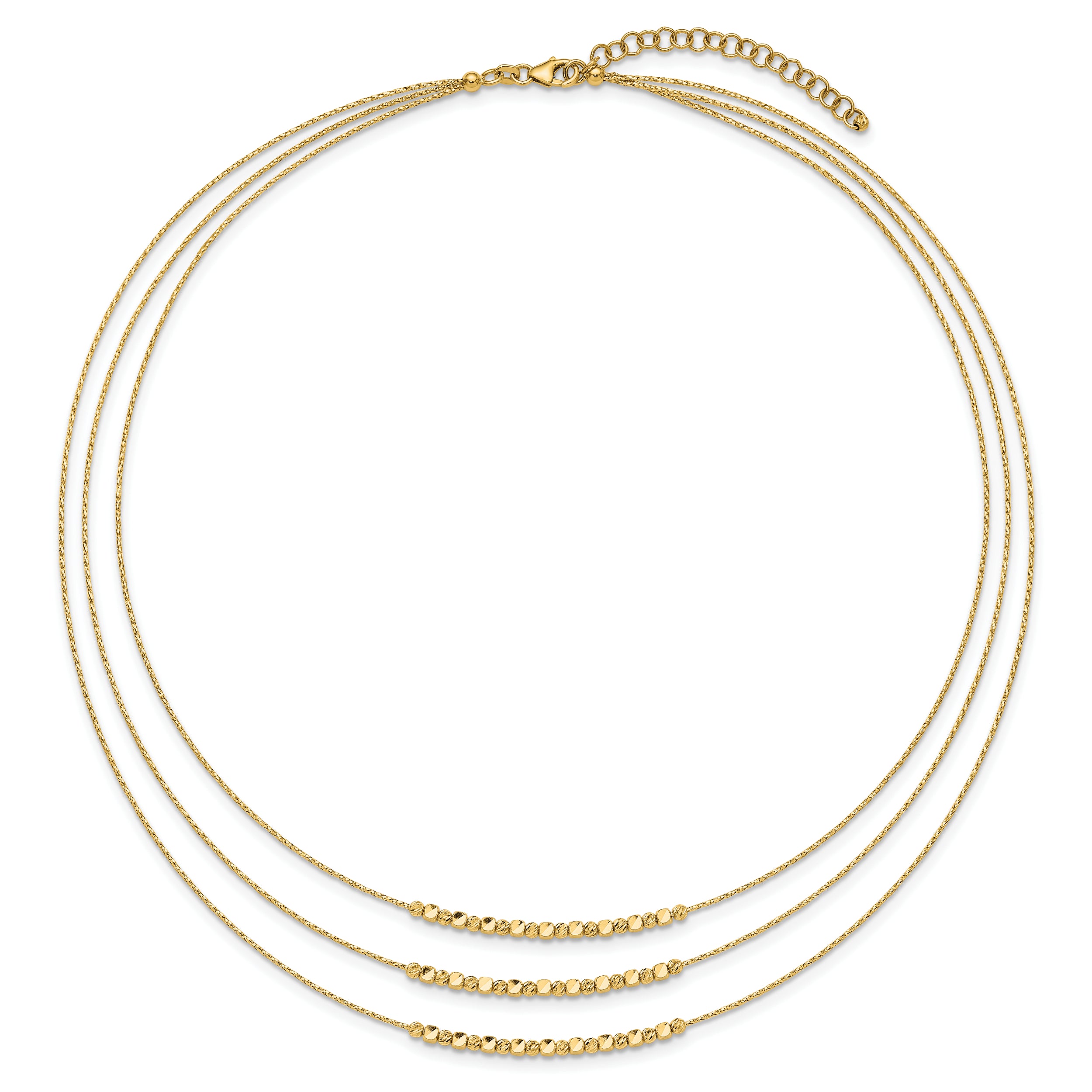 14K Pol/Texture/Dia-cut Beads 3-strand w/ 2in ext. Necklace