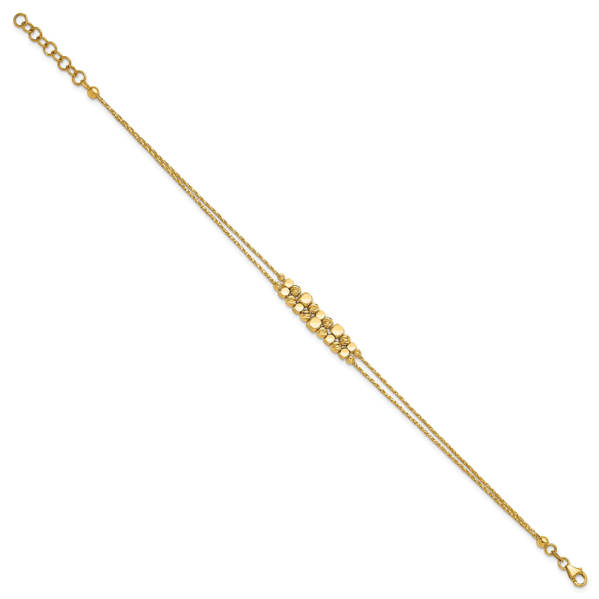 14K Pol/Texture/Dia-cut Beads 2-Strand w/ 1in ext. Bracelet
