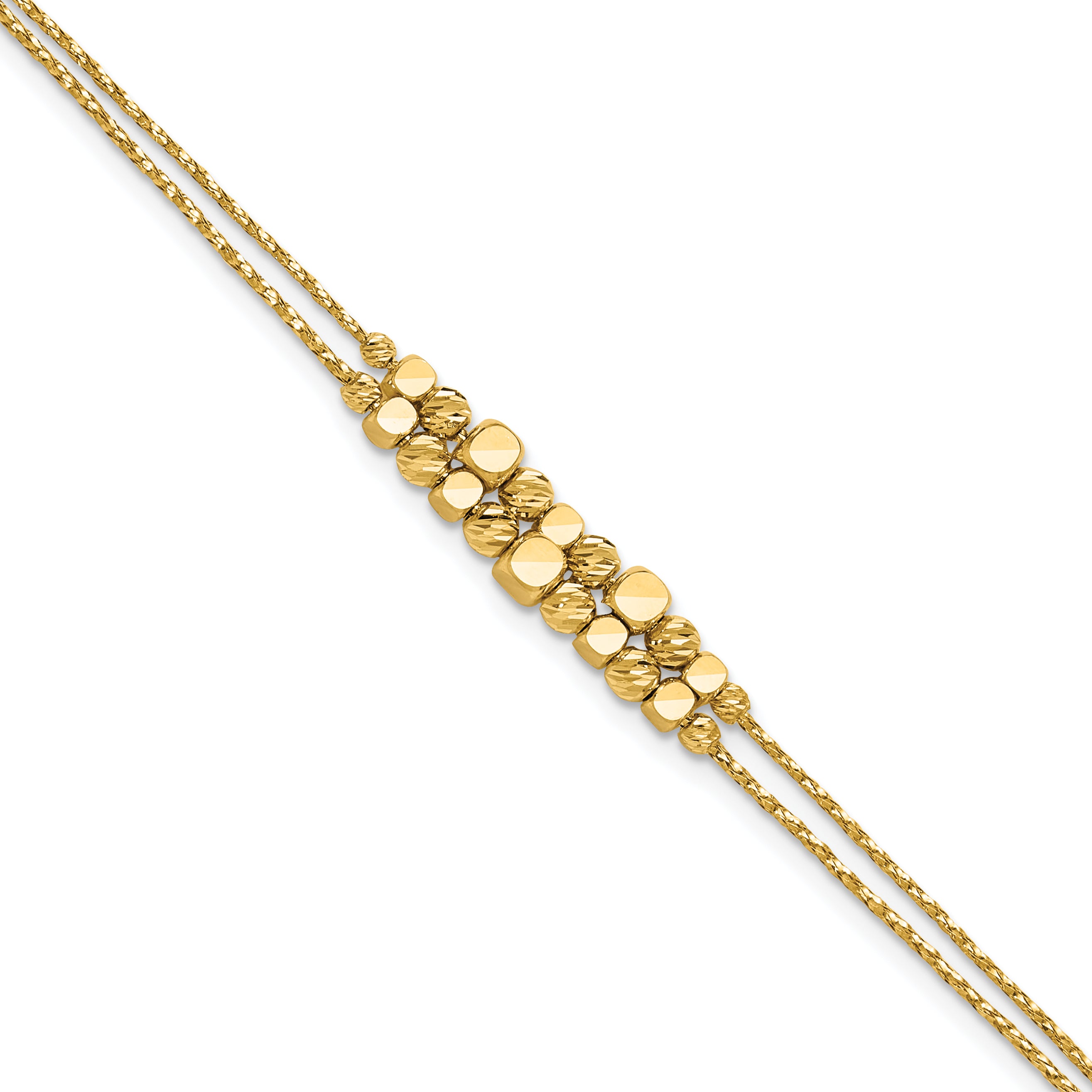 14K Pol/Texture/Dia-cut Beads 2-Strand w/ 1in ext. Bracelet
