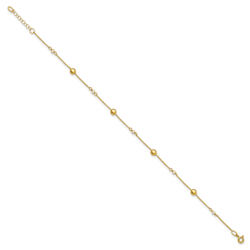 14K Freshwater Cultured Pearl / Round Beads 9 inch Plus 1 inch Extender - Total 10 inch Anklet