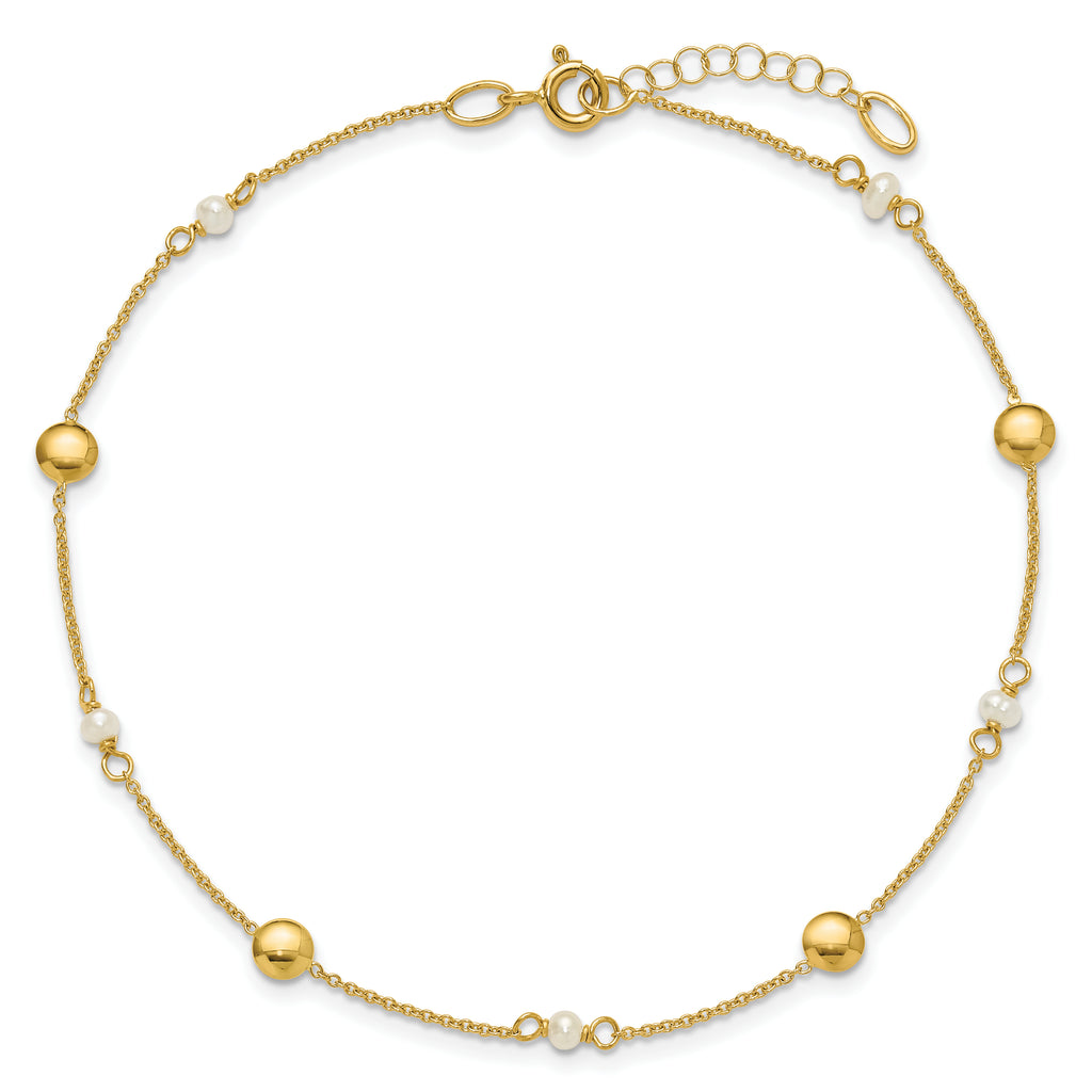 14K Freshwater Cultured Pearl / Round Beads 9 inch Plus 1 inch Extender - Total 10 inch Anklet