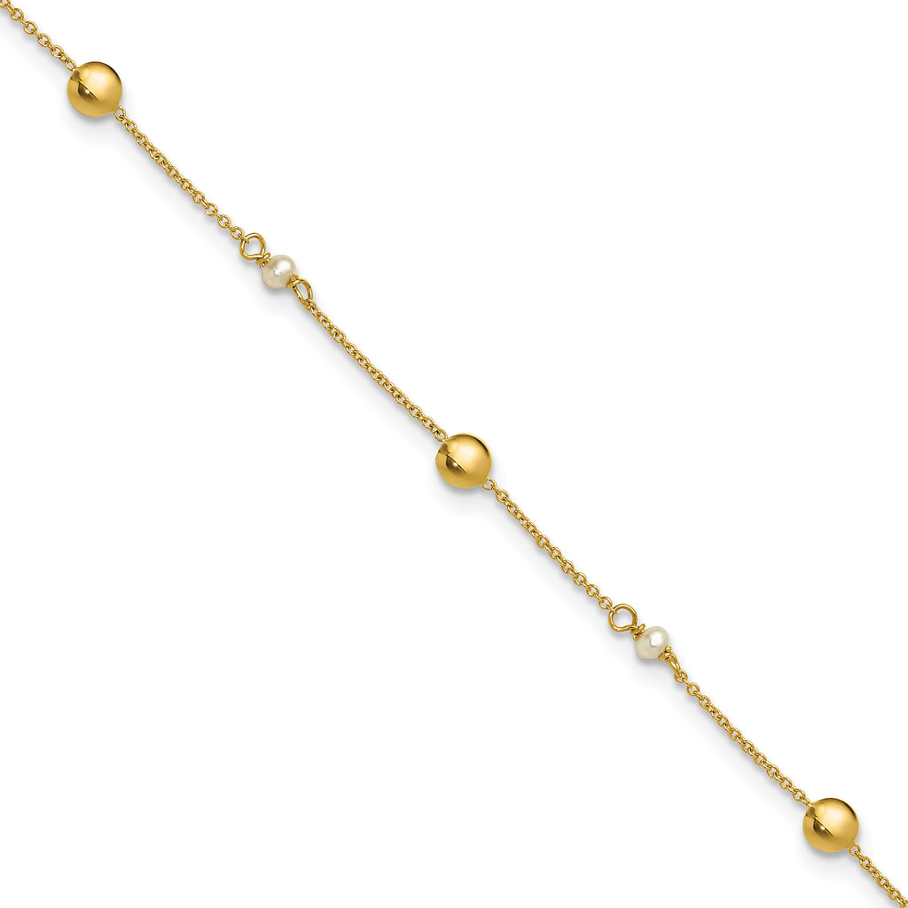 14K Freshwater Cultured Pearl / Round Beads 9 inch Plus 1 inch Extender - Total 10 inch Anklet