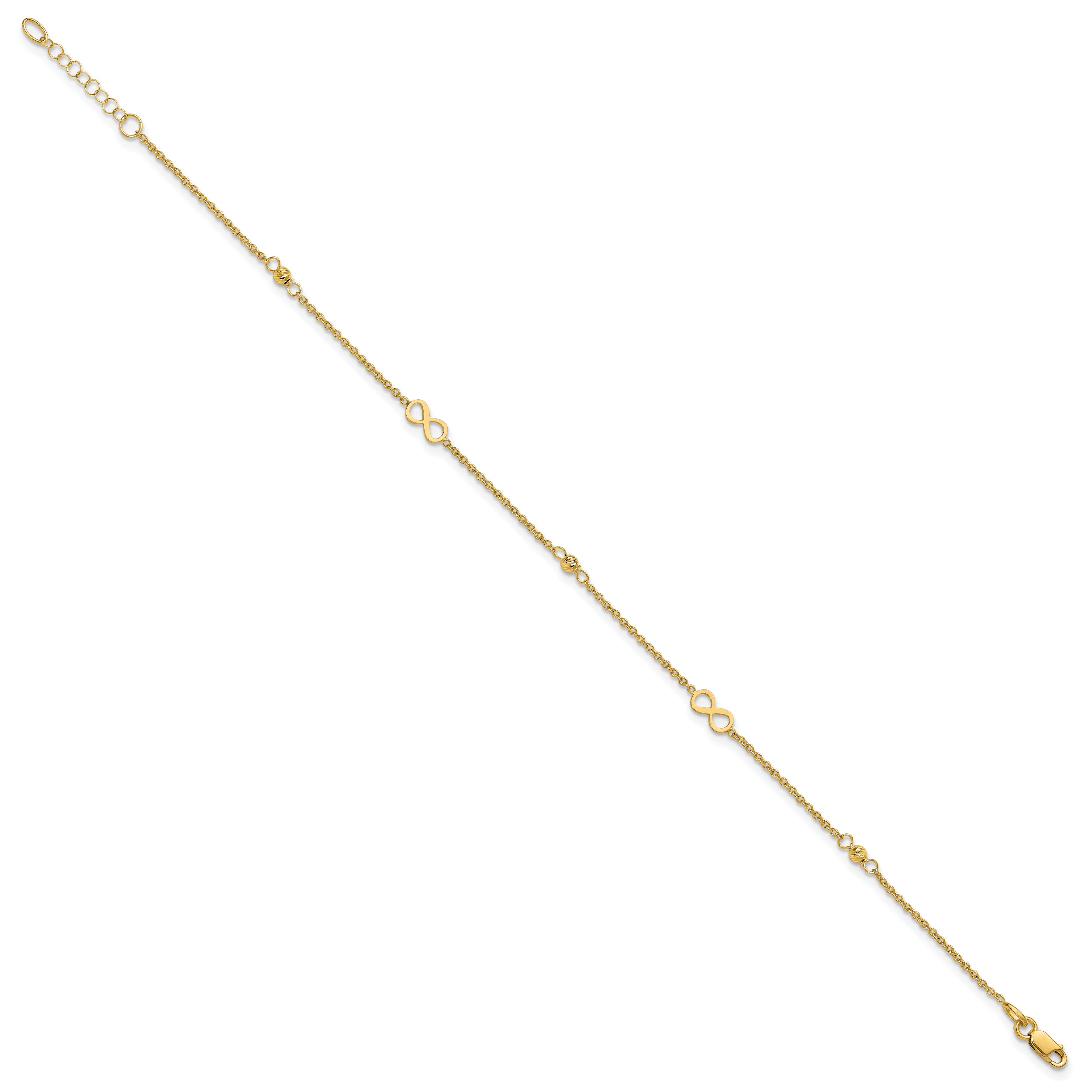 14K Infinity and Diamond-cut Bead 9 inch Plus 1 inch Extender - Total 10 inch Anklet