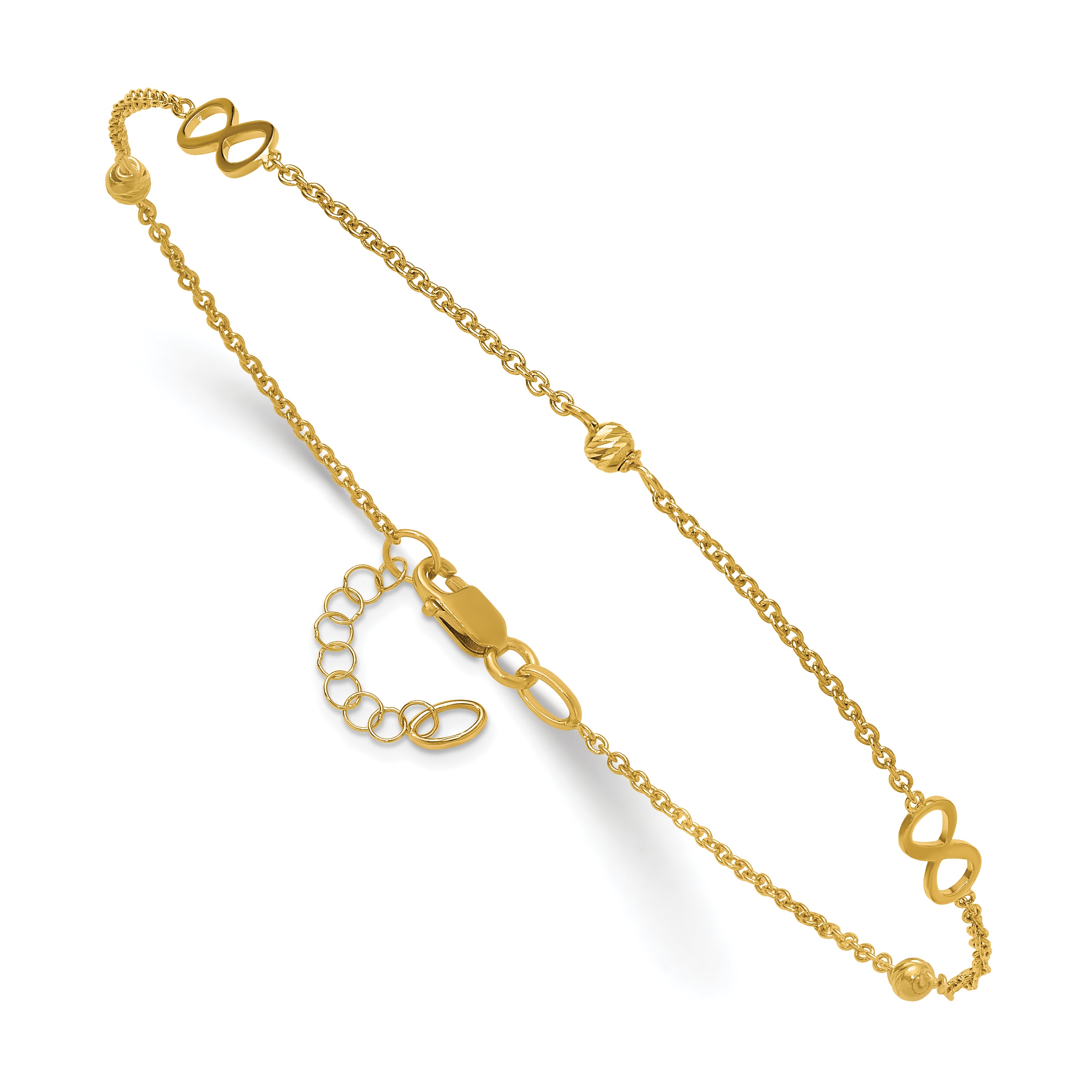 14K Infinity and Diamond-cut Bead 9 inch Plus 1 inch Extender - Total 10 inch Anklet