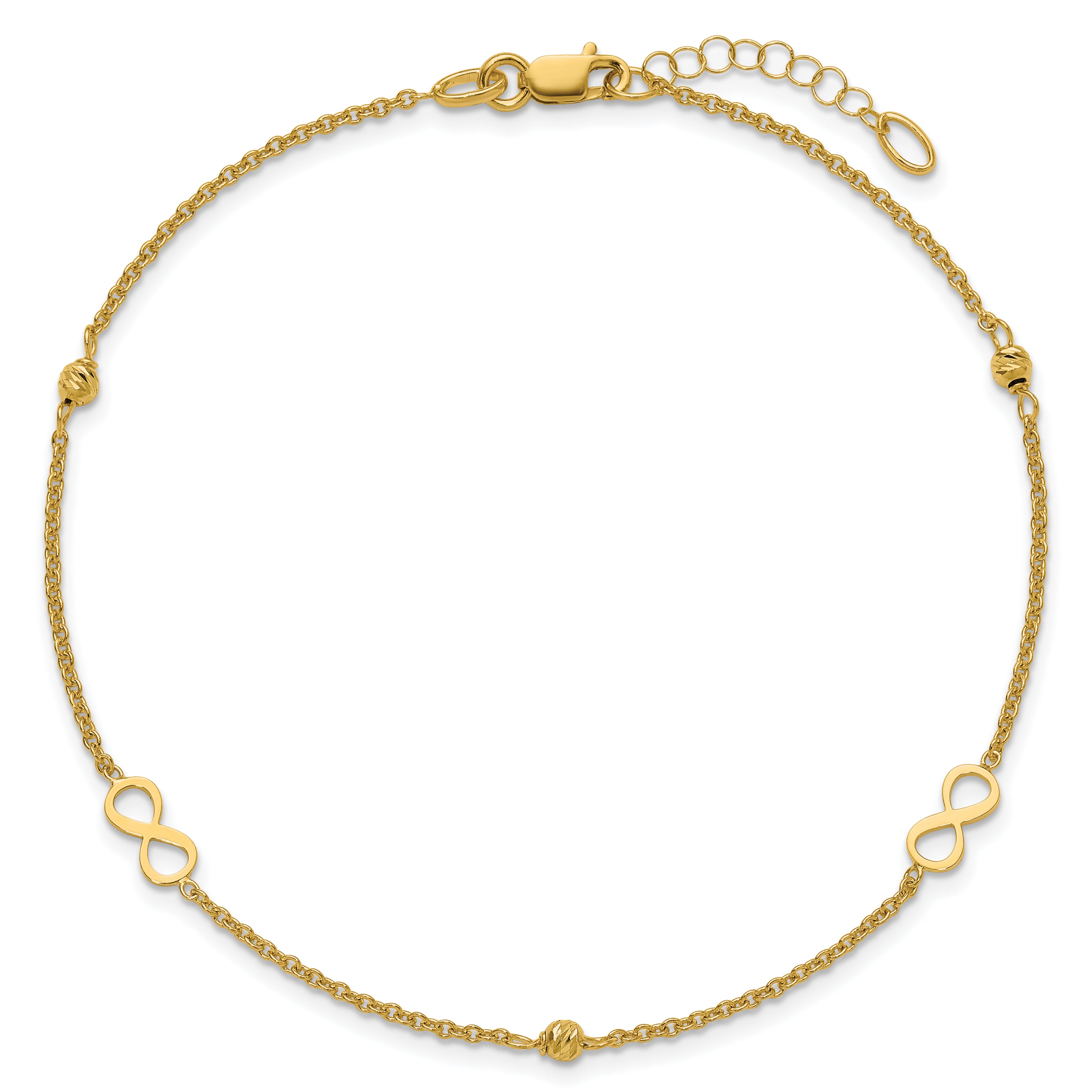 14K Infinity and Diamond-cut Bead 9 inch Plus 1 inch Extender - Total 10 inch Anklet