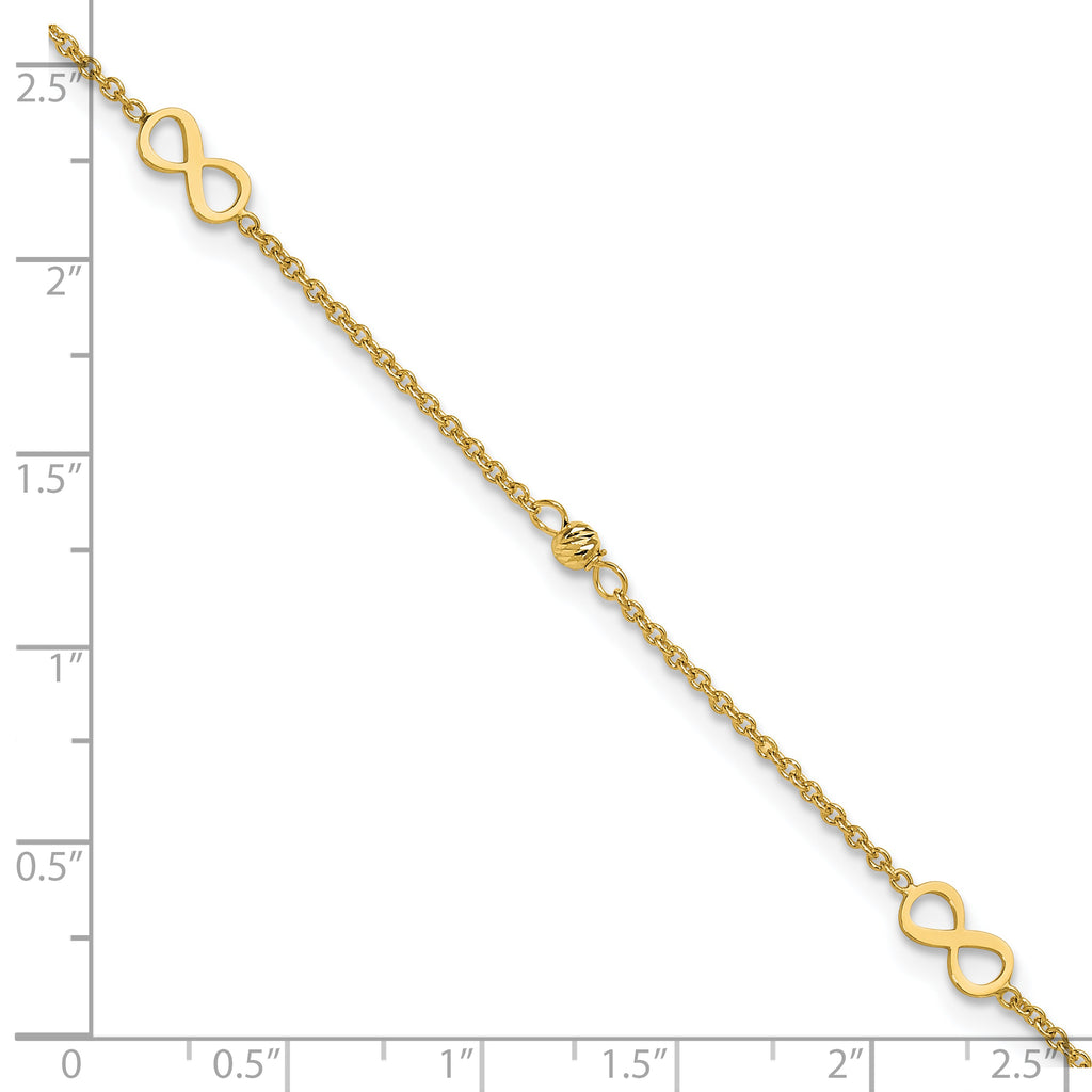 14K Infinity and Diamond-cut Bead 9 inch Plus 1 inch Extender - Total 10 inch Anklet