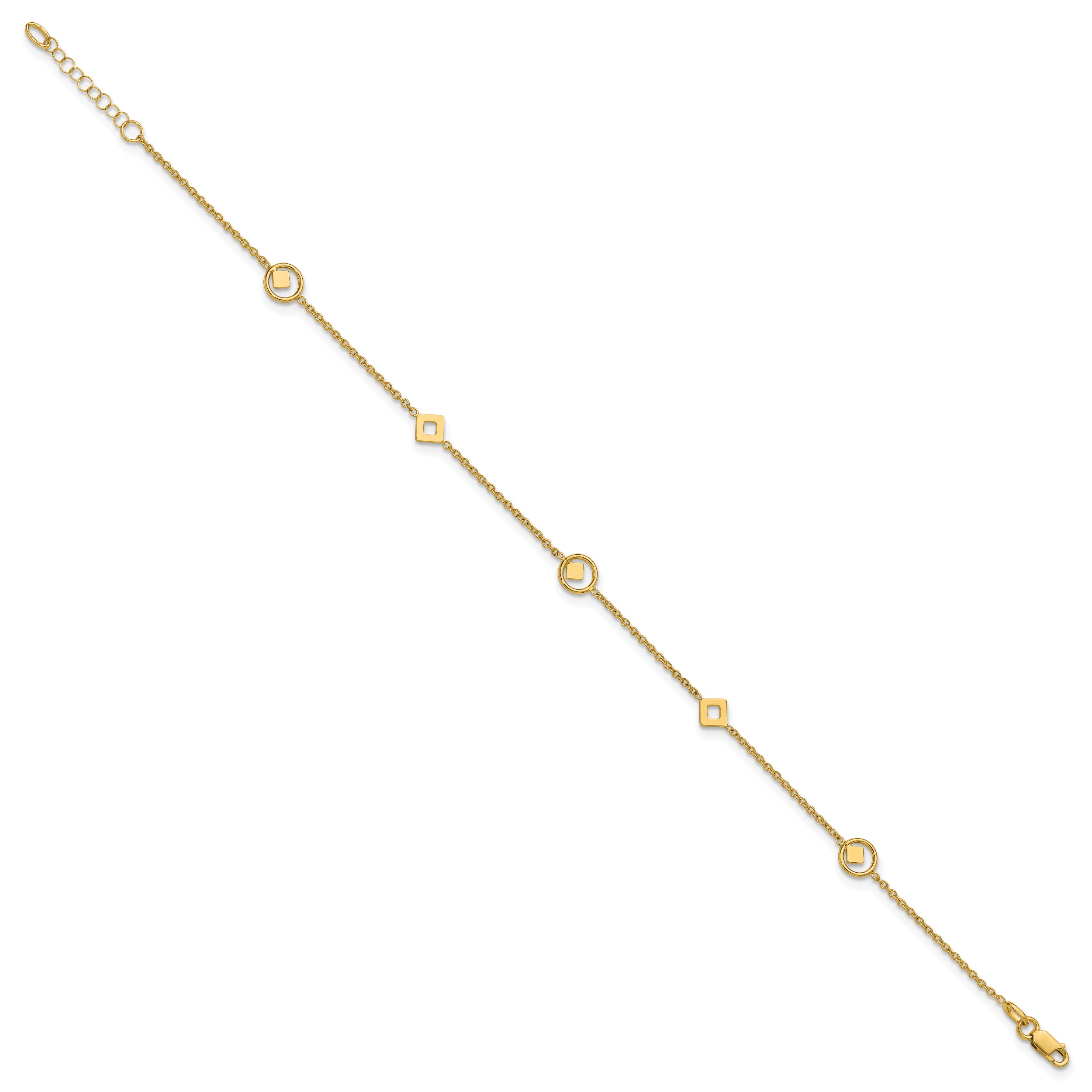 14K Polished Geometric 5-Station 9 inch Plus 1 inch Extender - Total 10 inch Anklet
