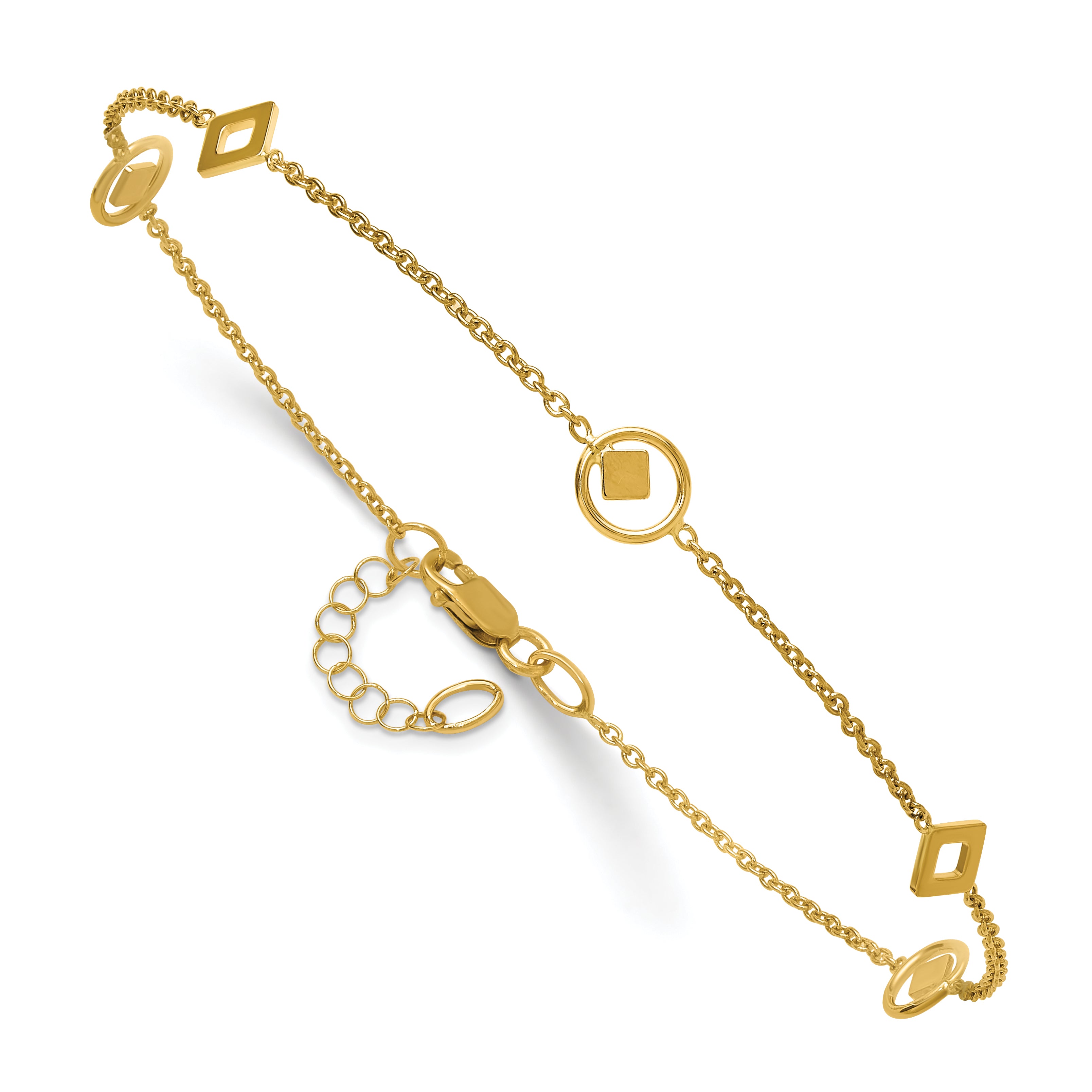 14K Polished Geometric 5-Station 9 inch Plus 1 inch Extender - Total 10 inch Anklet