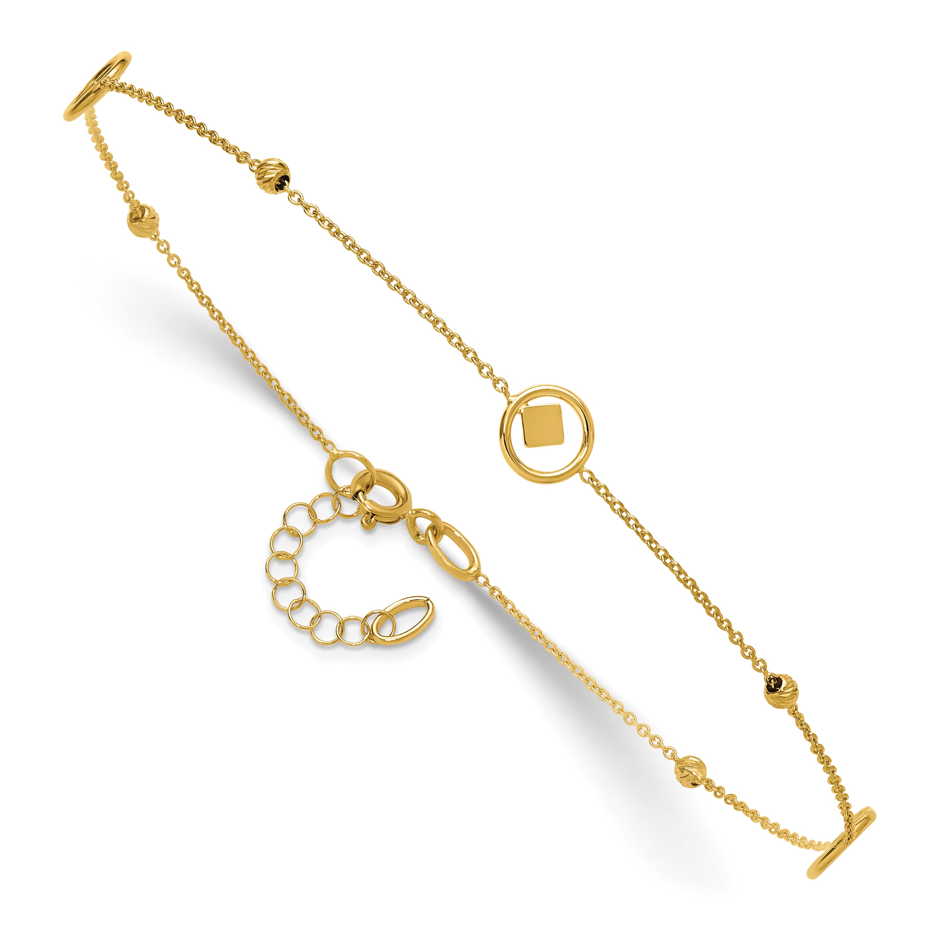 14K Geometric and Diamond-cut Beads 9 inch Plus 1 inch Extender - Total 10 inch Anklet