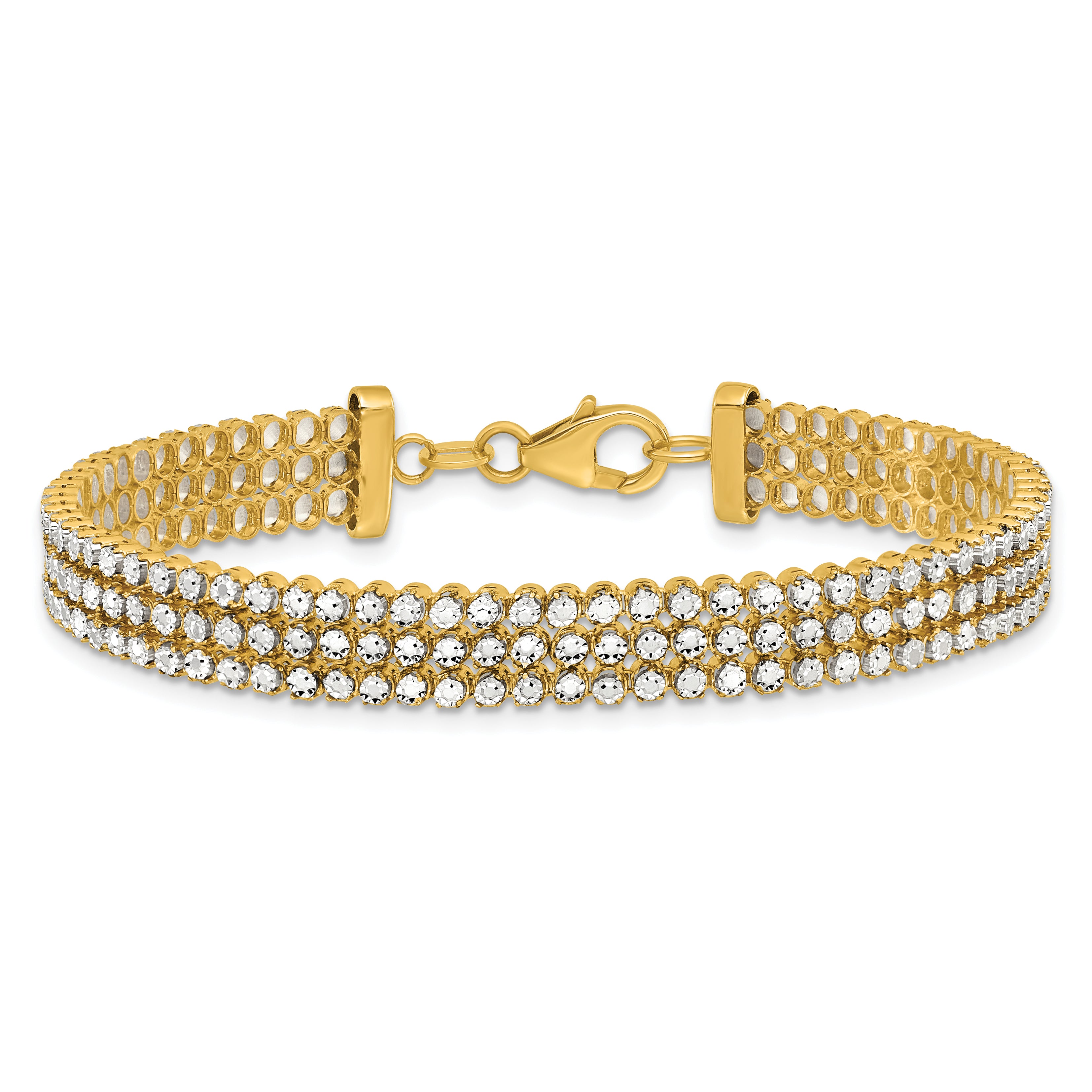 14K Two-tone Polished/Dia-cut 3-Row Bracelet