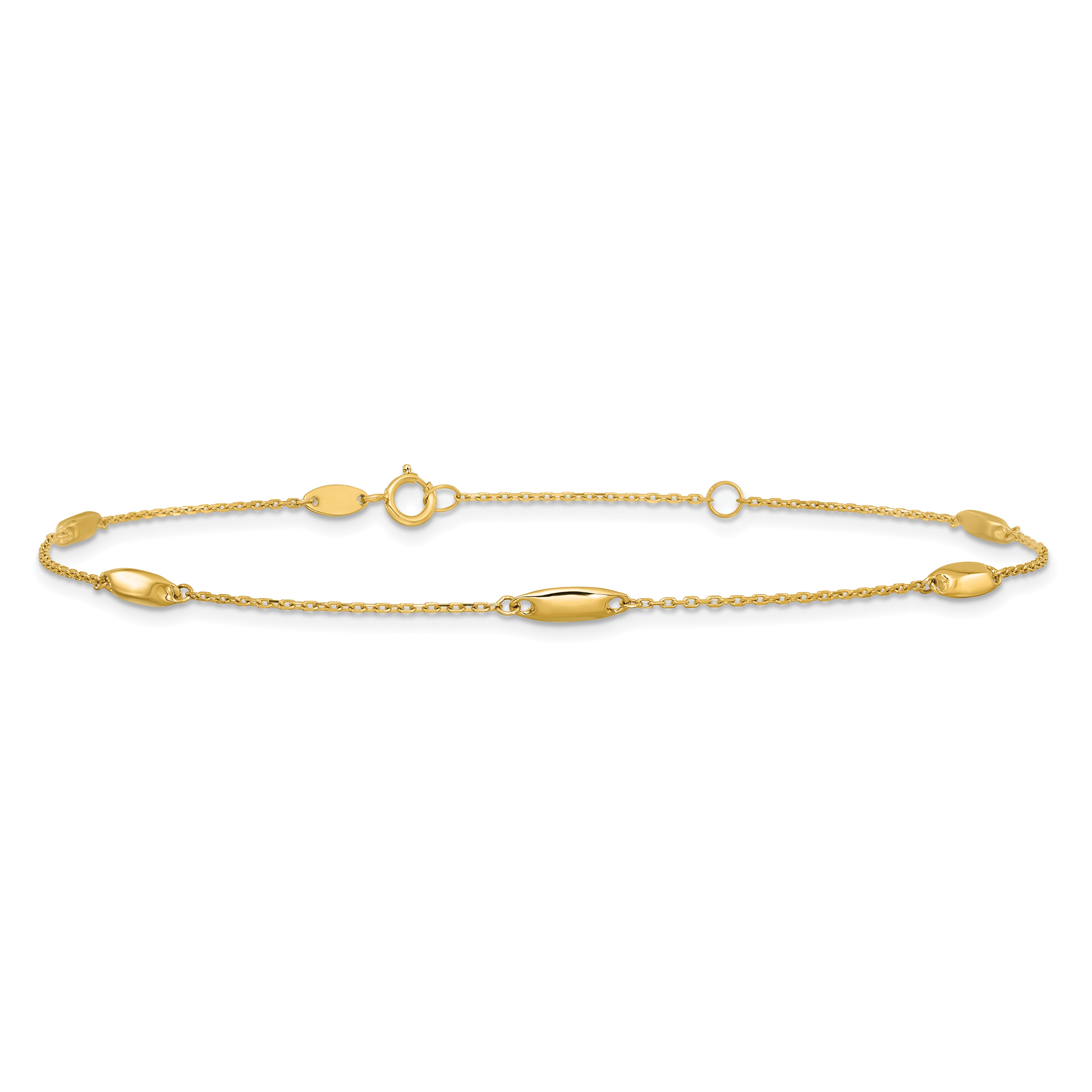 14K Oval Bead 5-Station 9 inch Plus 1 inch Extender - Total 10 inch Anklet