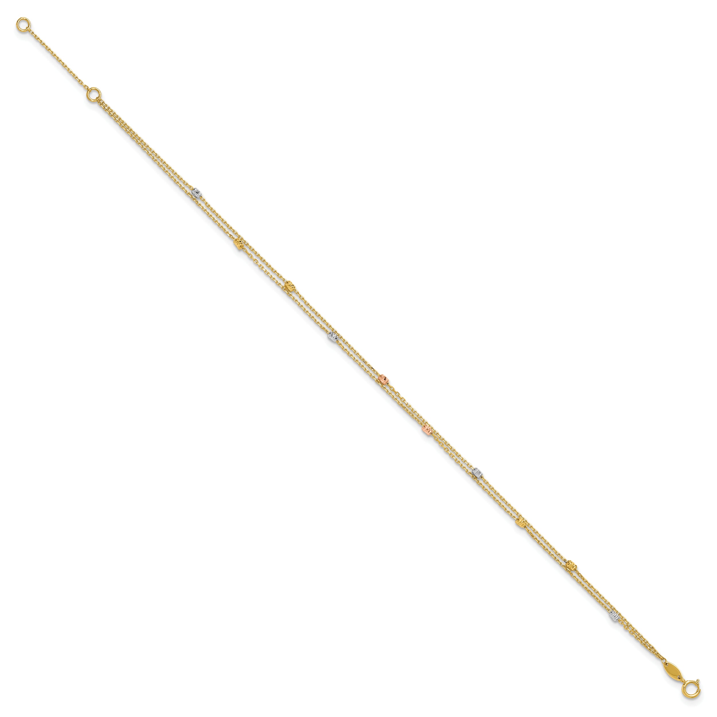 14K Tri-color Diamond-cut Beads 2-Strand 9 inch Plus 1 inch Extender - Total 10 inch Anklet