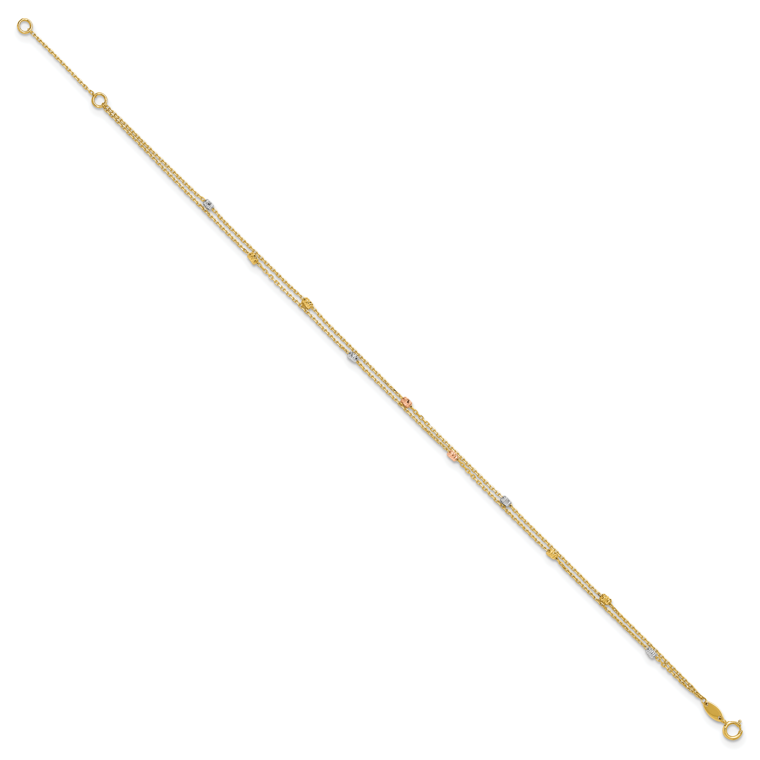 14K Tri-color Diamond-cut Beads 2-Strand 9 inch Plus 1 inch Extender - Total 10 inch Anklet Secondary image