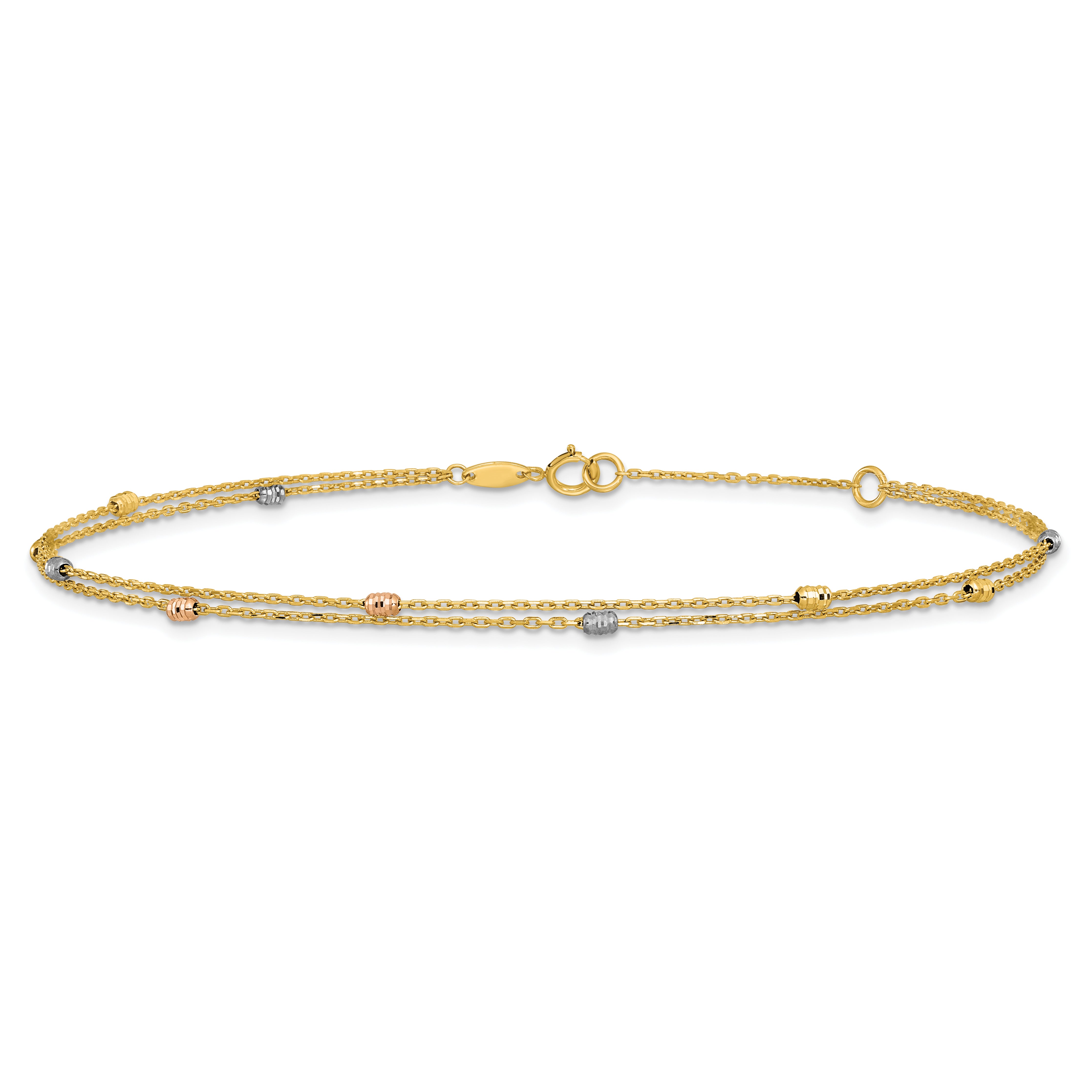 14K Tri-color Diamond-cut Beads 2-Strand 9 inch Plus 1 inch Extender - Total 10 inch Anklet
