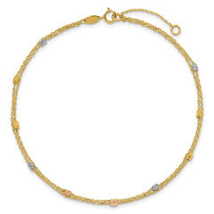 14K Tri-color Diamond-cut Beads 2-Strand 9 inch Plus 1 inch Extender - Total 10 inch Anklet