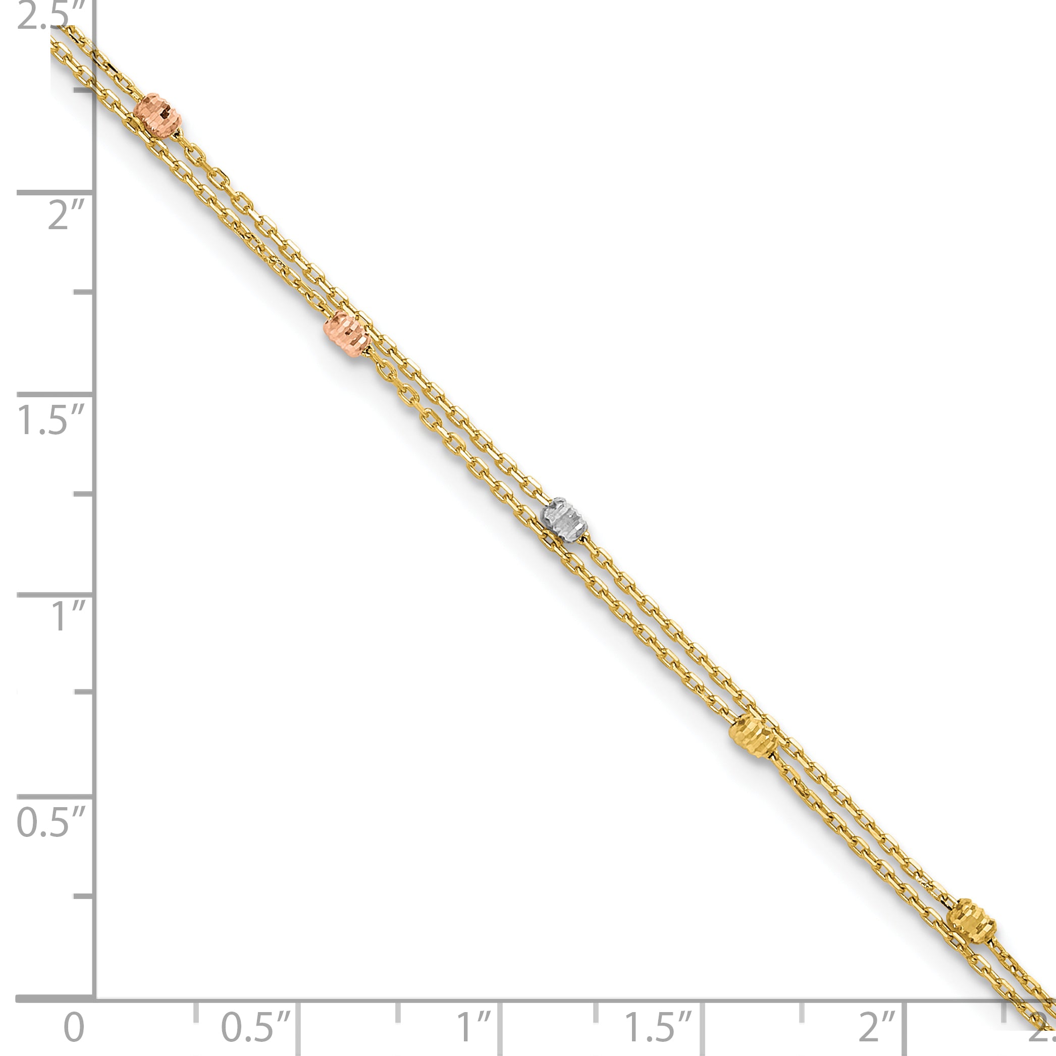 14K Tri-color Diamond-cut Beads 2-Strand 9 inch Plus 1 inch Extender - Total 10 inch Anklet