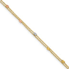 14K Tri-color Diamond-cut Beads 2-Strand 9 inch Plus 1 inch Extender - Total 10 inch Anklet
