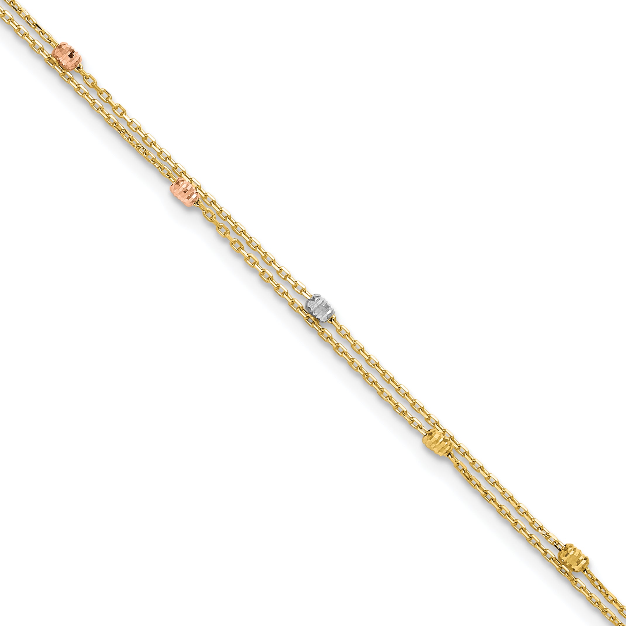 14K Tri-color Diamond-cut Beads 2-Strand 9 inch Plus 1 inch Extender - Total 10 inch Anklet