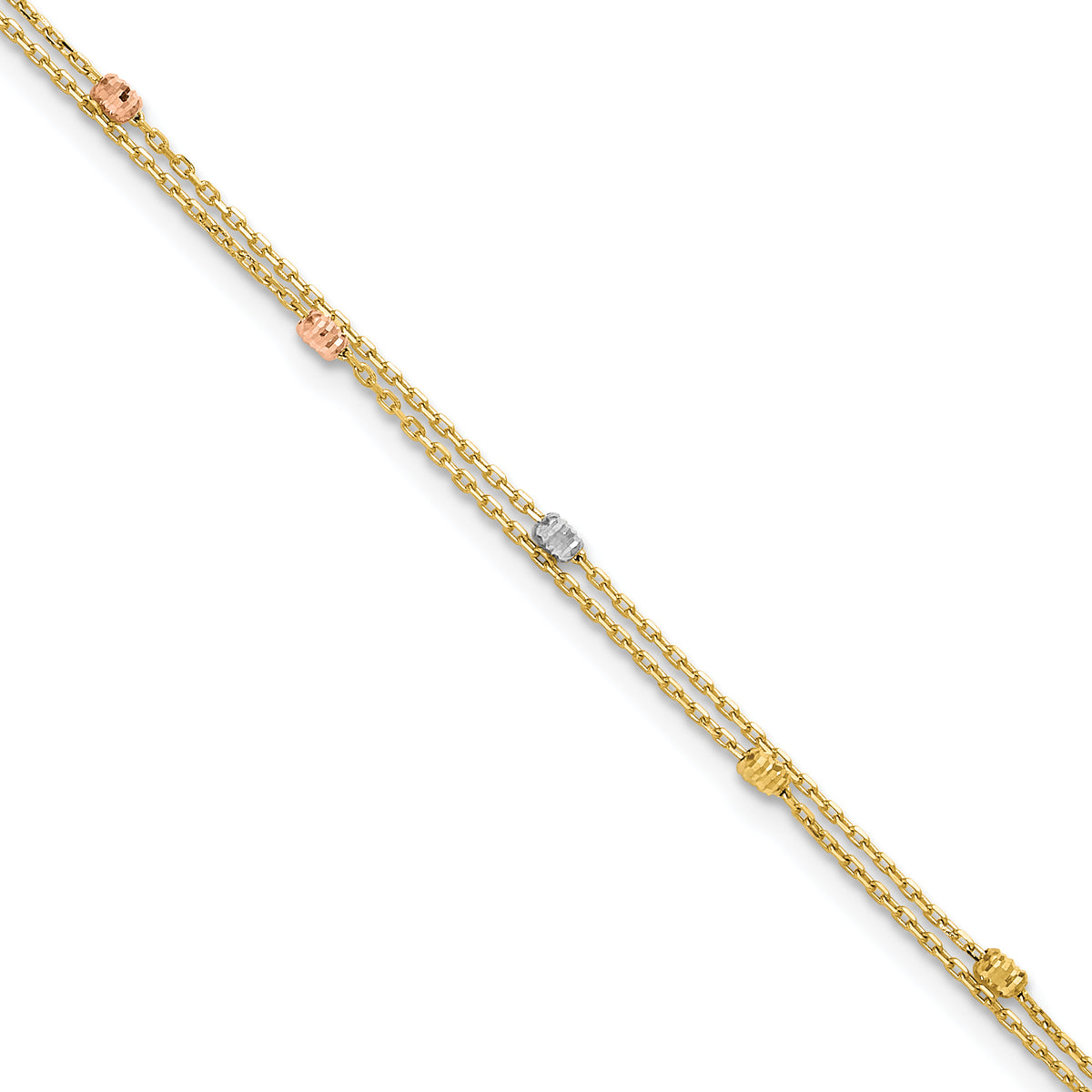 14K Tri-color Diamond-cut Beads 2-Strand 9 inch Plus 1 inch Extender - Total 10 inch Anklet