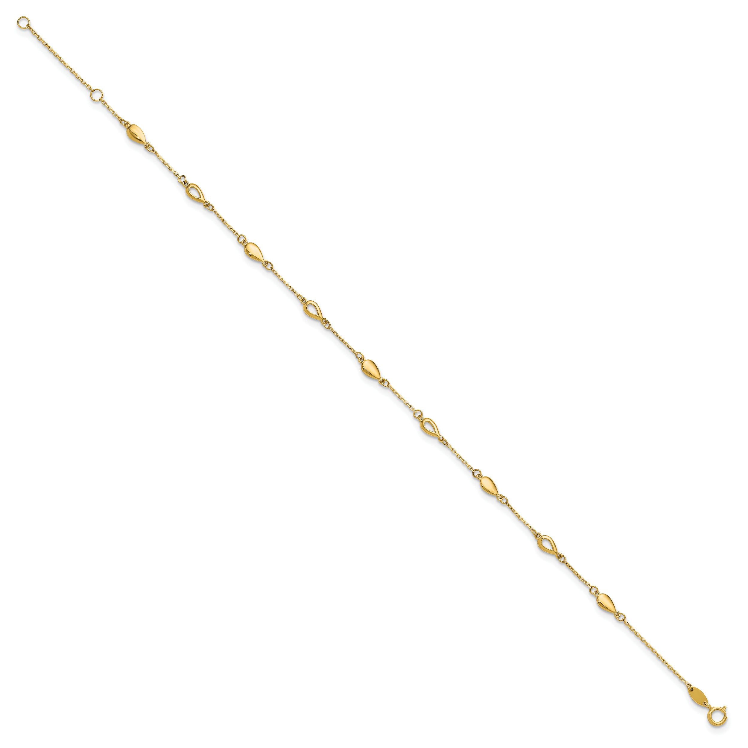14K Polished Teardrop 9 inch Plus 1 inch Extender - Total 10 inch Anklet
